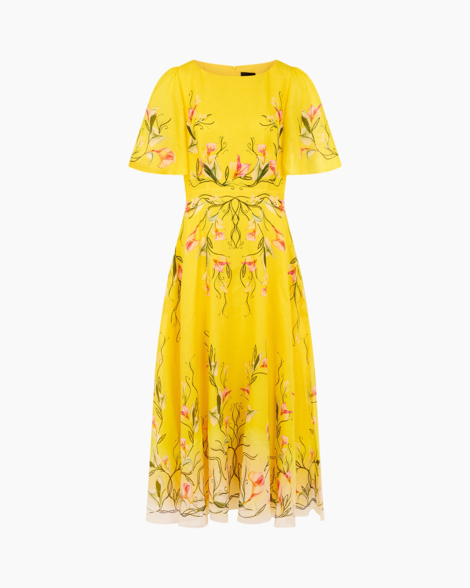 geel, jurk, bloemen, middellang, korte mouwen