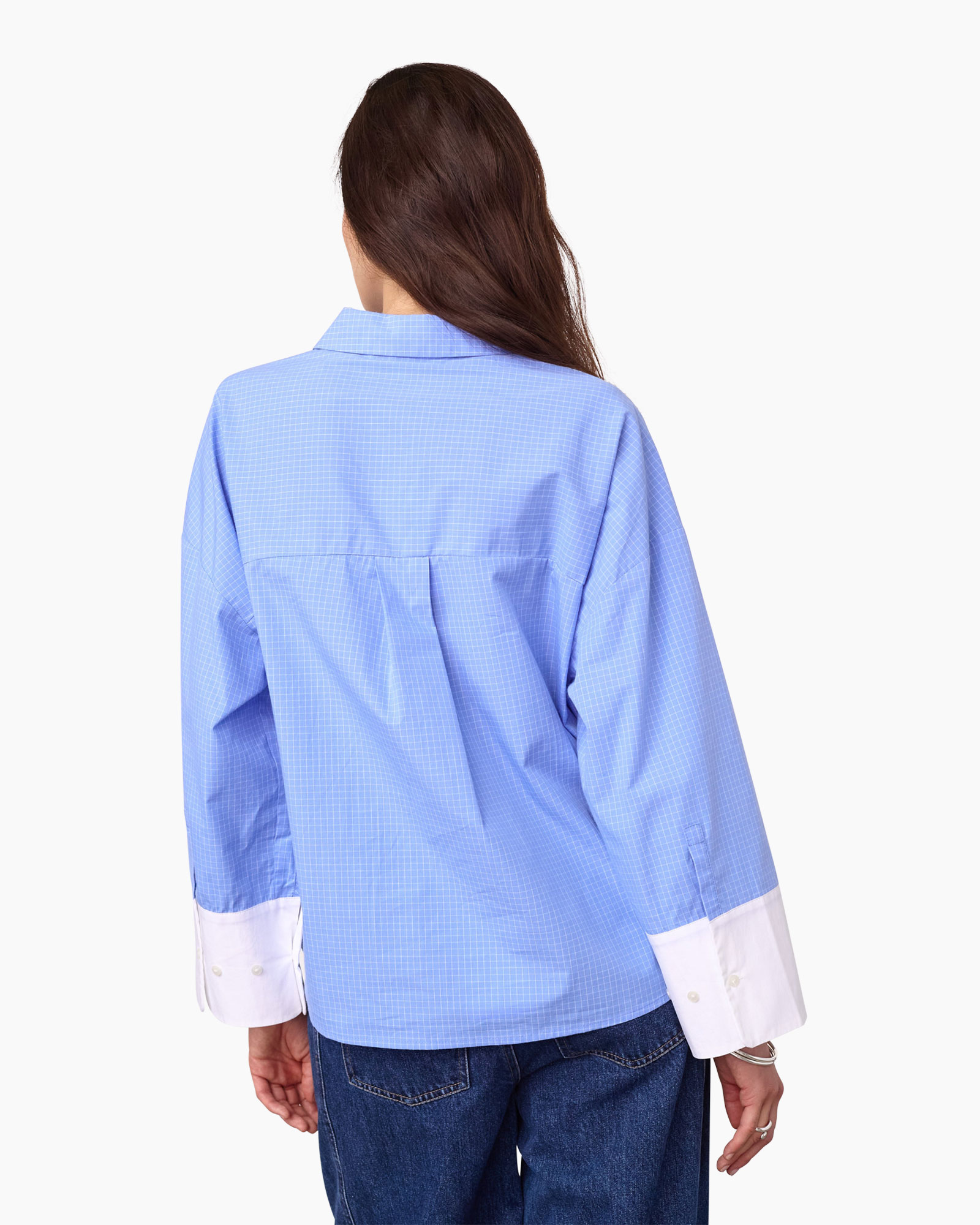 knopen blouse, lange mouwen, blauw shirt, kraagshirt, contrast boorden