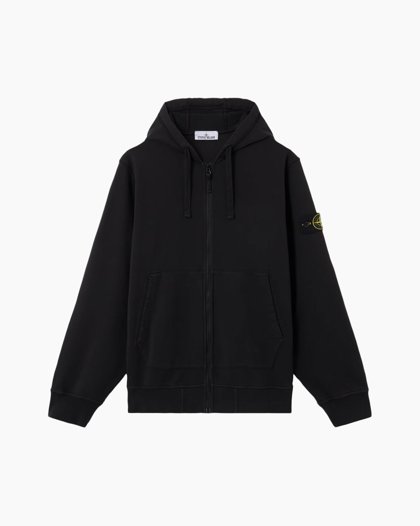 hoodie, rits, voorzak, zwart, logo patch