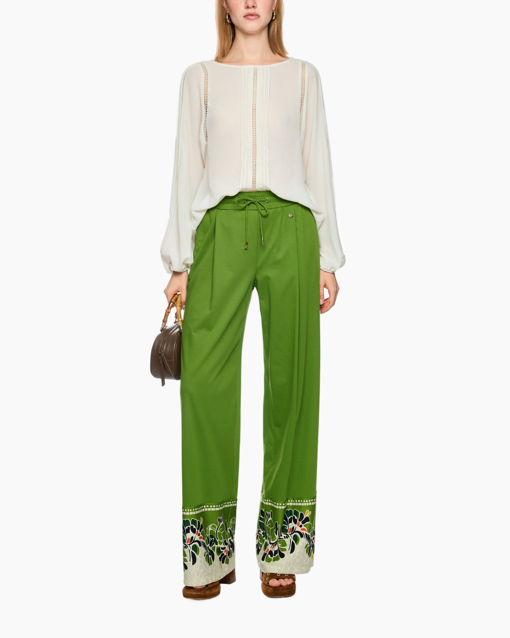 blouse, pleated, white, long-sleeve, trousers with embroidery, green pants, wide-leg, drawstring