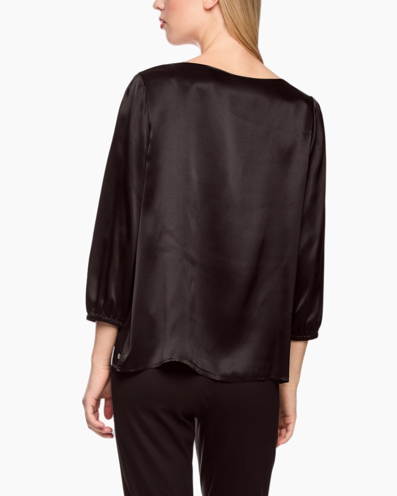 blouse, zwart, satijn, driekwartmouwen, boothals