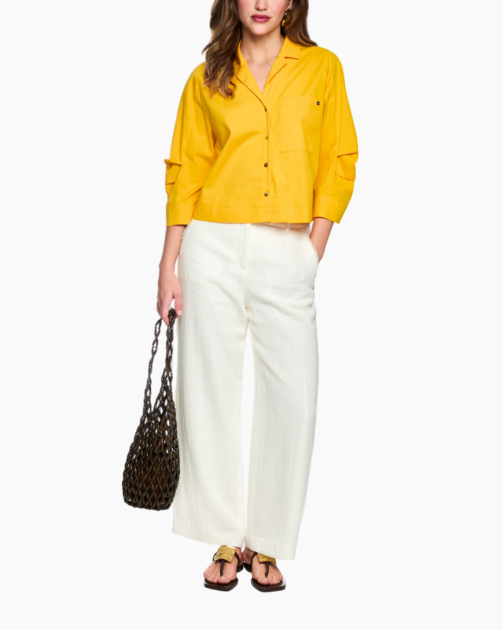 yellow top, button-down, collared shirt, long-sleeve, linen-like