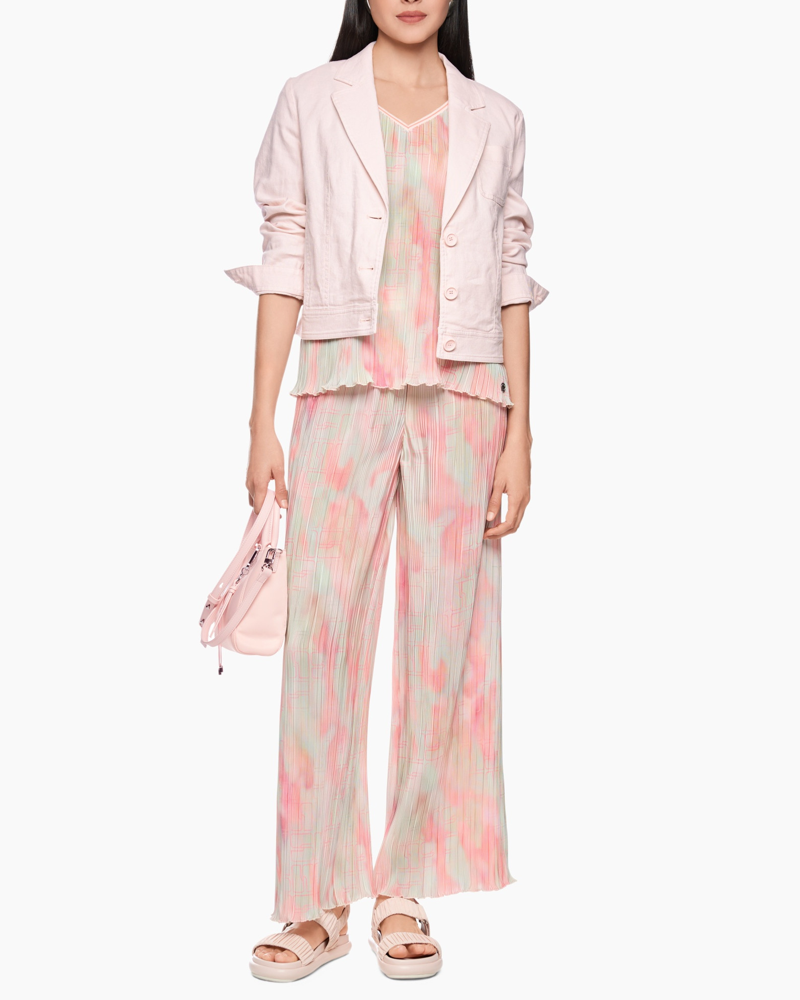 pink blazer, tie-dye pants, relaxed fit, sandals, purse