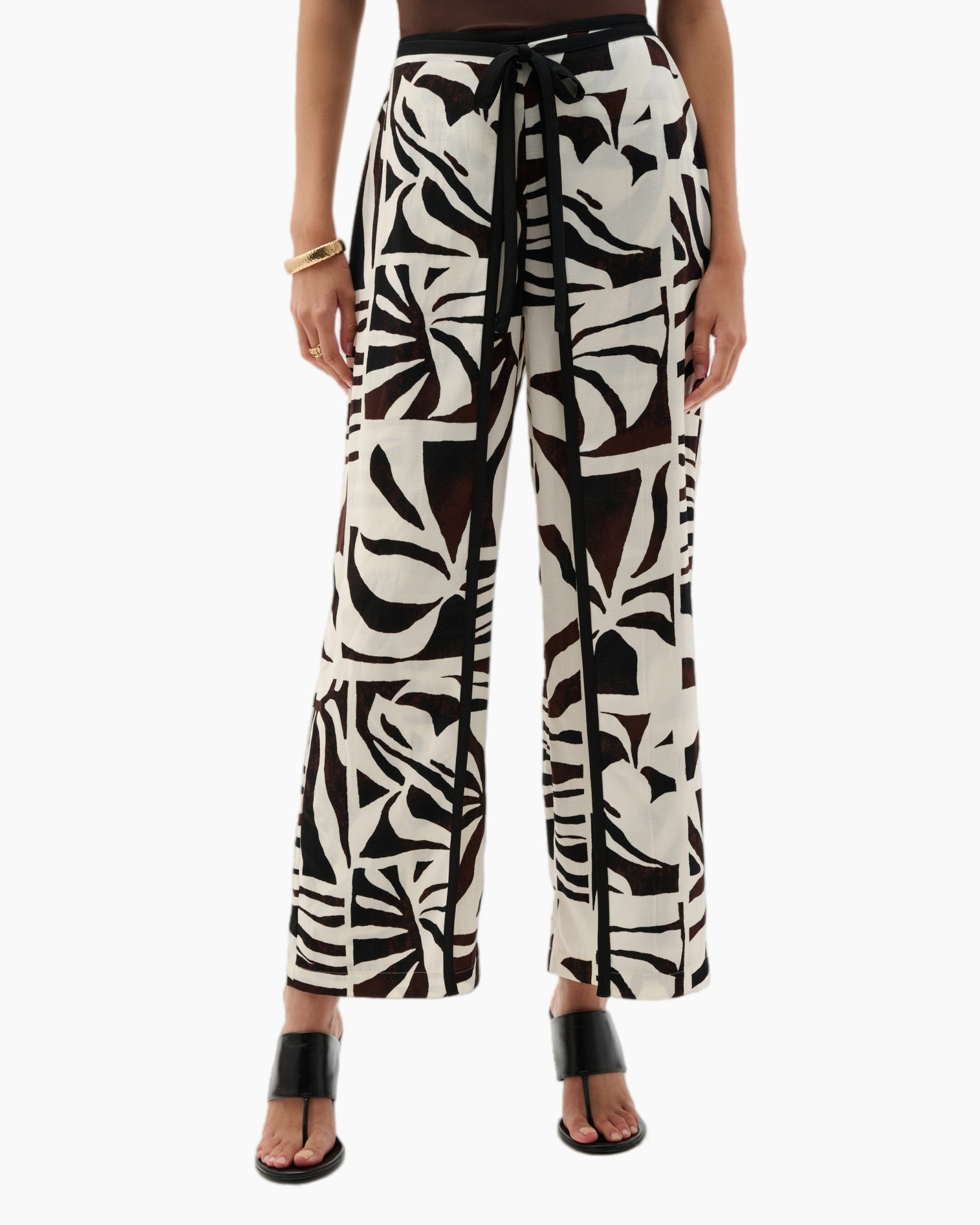 broek met wijde pijpen, abstract patroon, wrap-achtige taille, beige bruin, strikceintuur