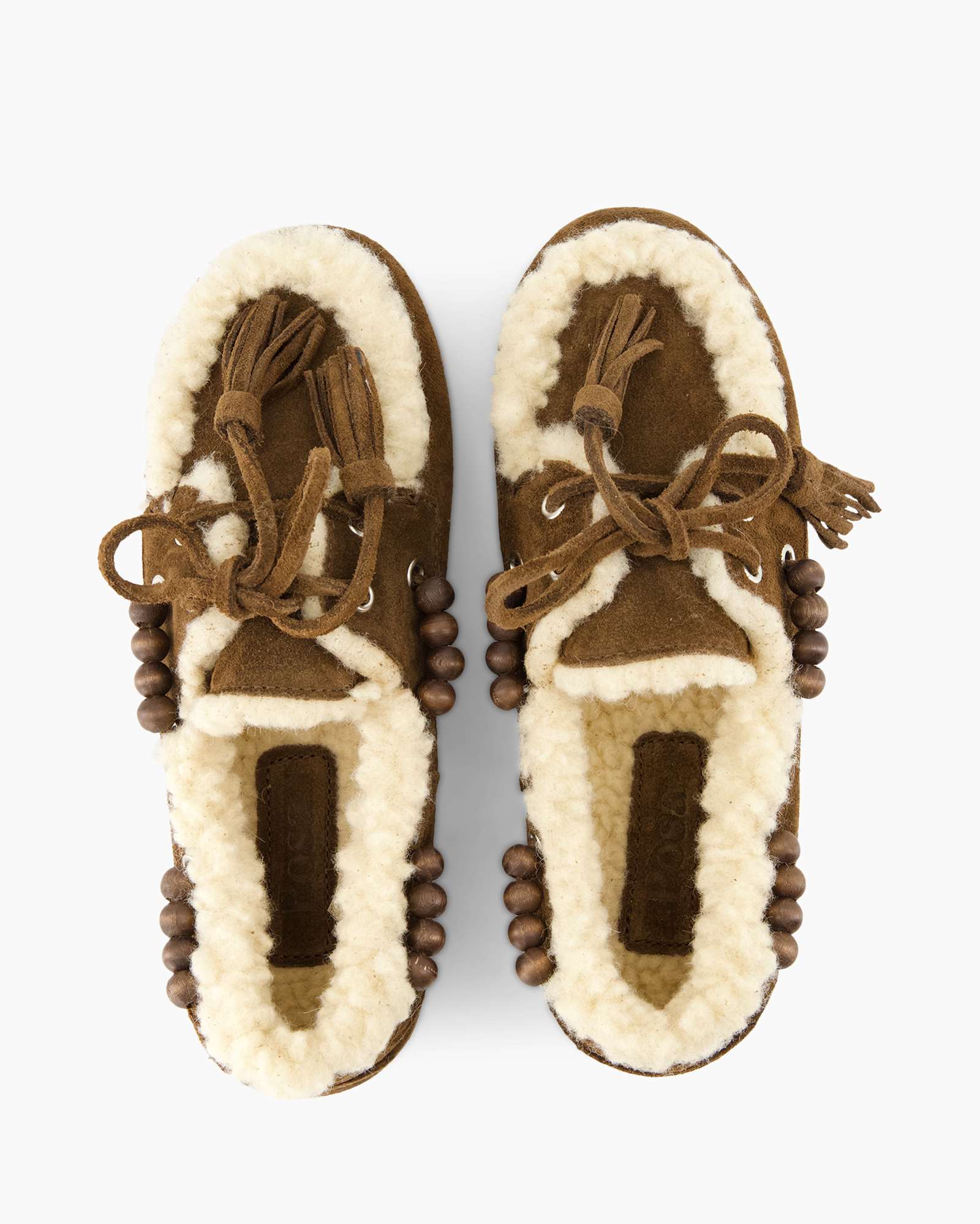 pantoffels, moccasins, shearling, bruin, kralen