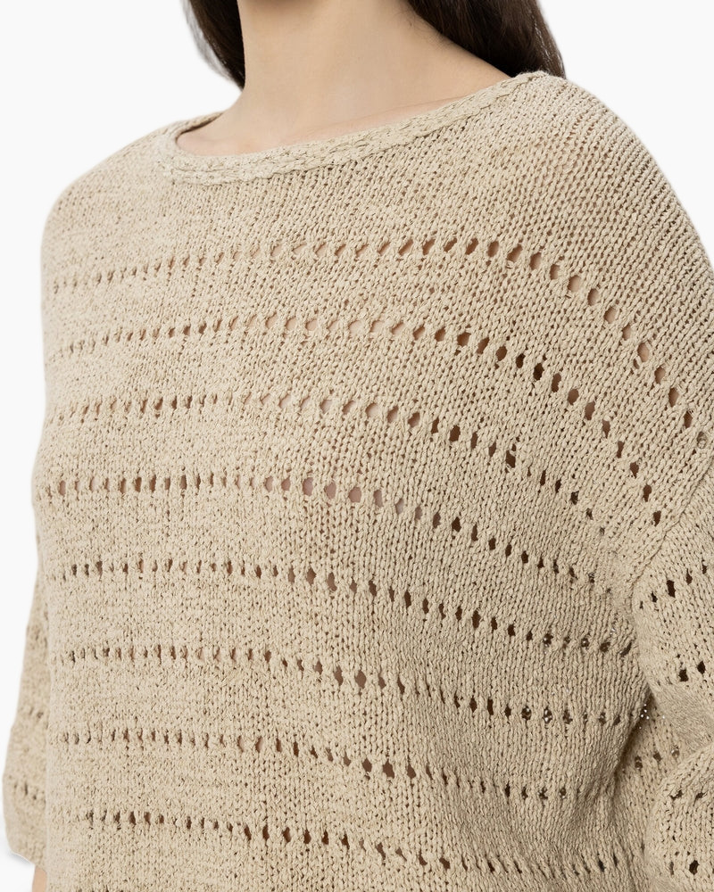 knit sweater, beige, striped holes pattern, pullover, crew neck