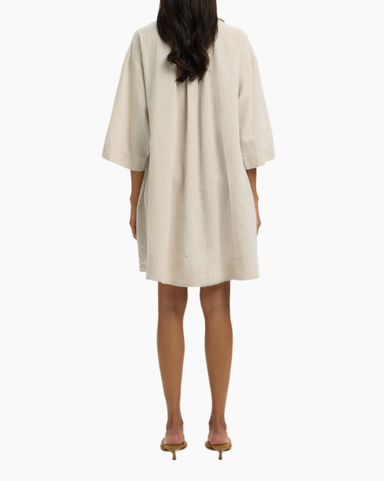 linnen, shiftjurk, beige, knee-lengte, korte mouwen