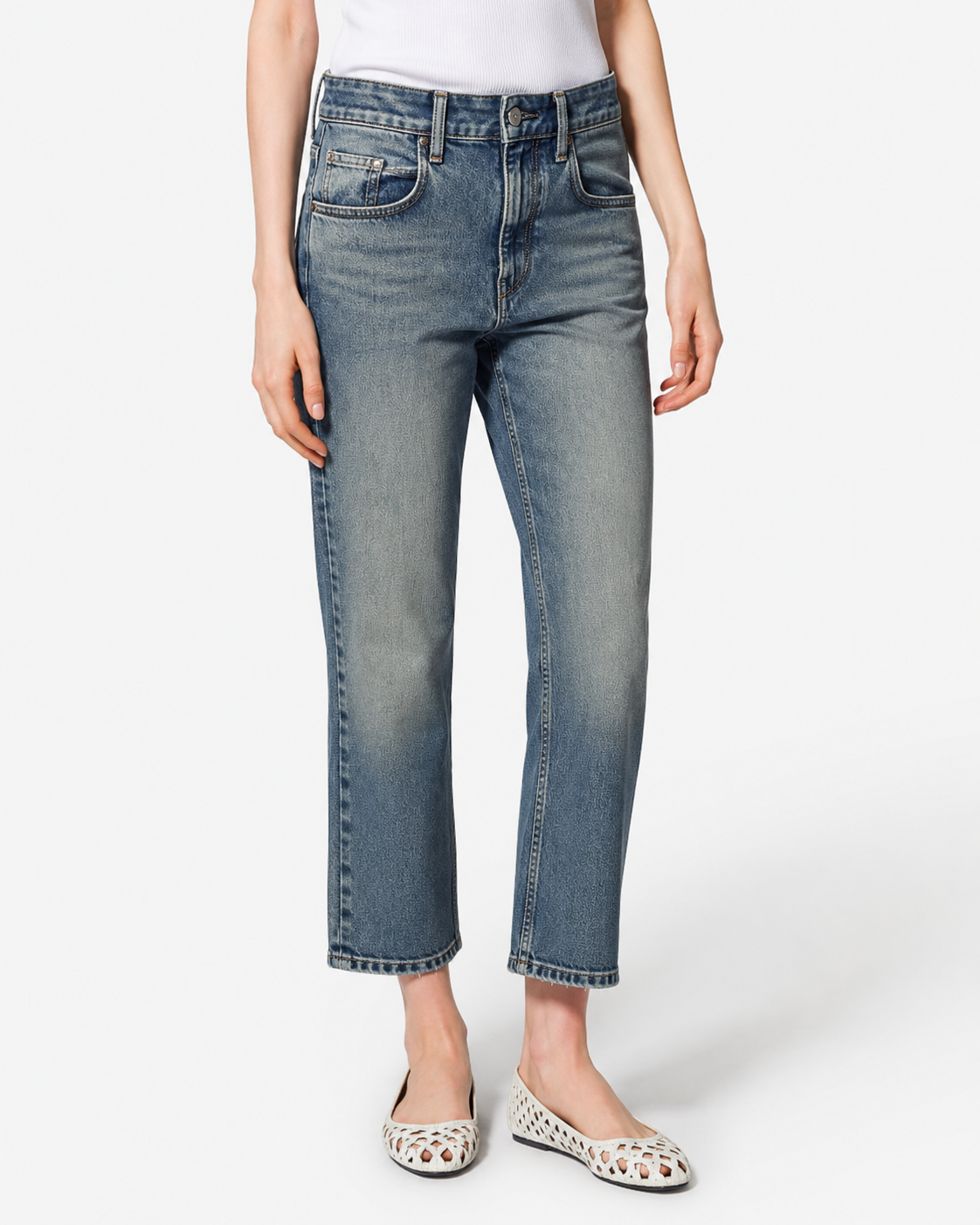 broek, denim, rechtepijpen, middelhoge taille, blauw