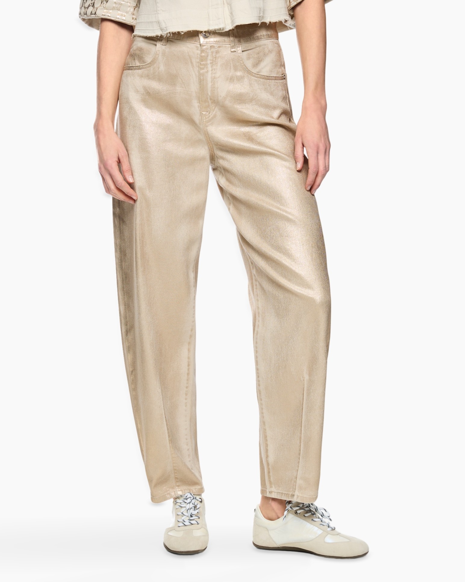 broeken, spijkerbroek, trokken, beige, metallisch uiterlijk