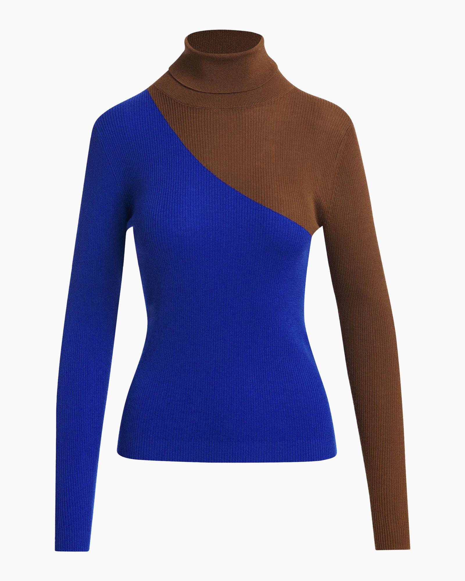 gebreide top, colorblok, coltrui, lange mouw, blauw bruin