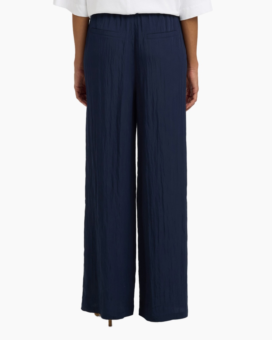 pants, wide-leg, navy, drawstring, crinkled