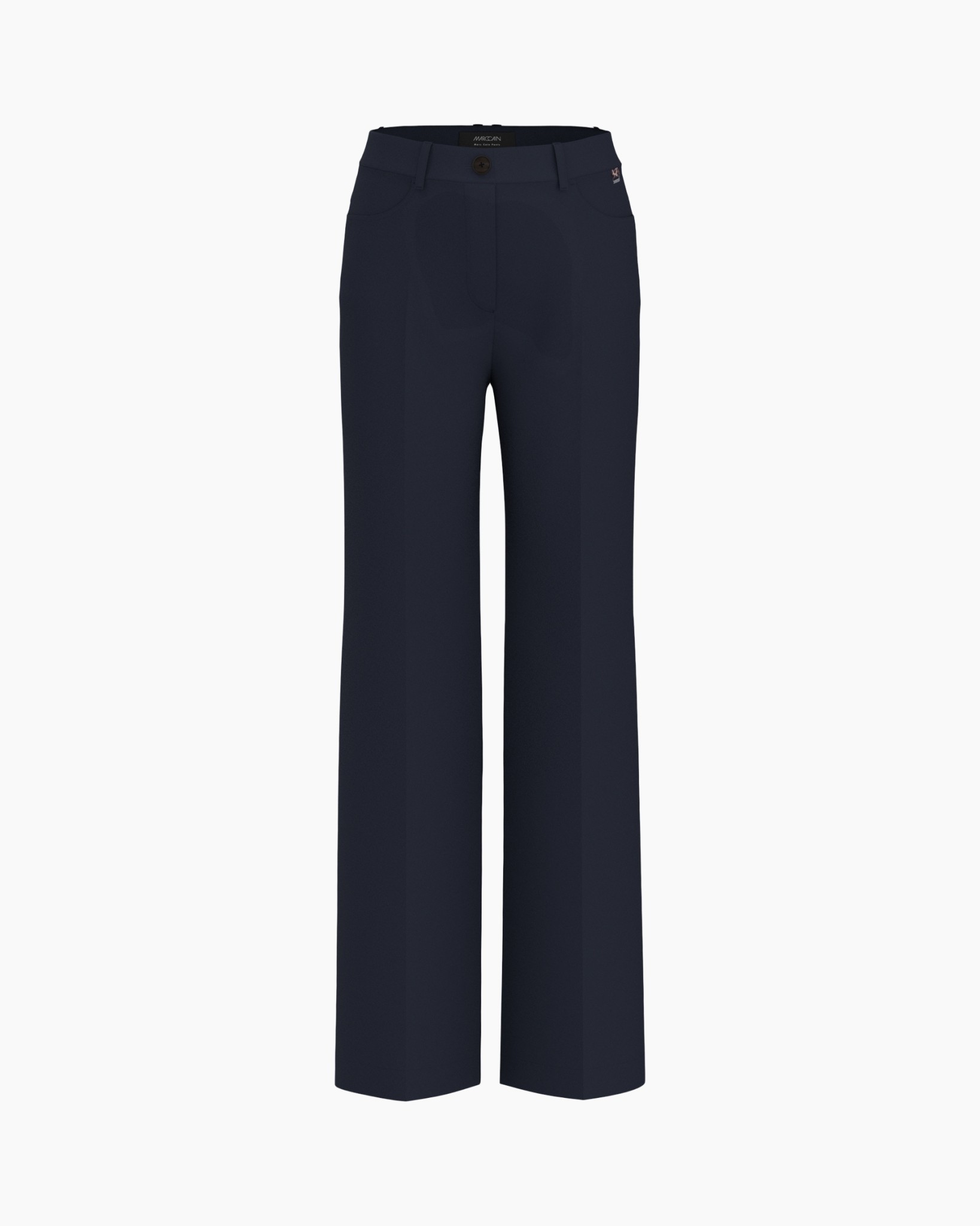 broek, marineblauw, wijdteval, rechtstaand, knopsluiting
