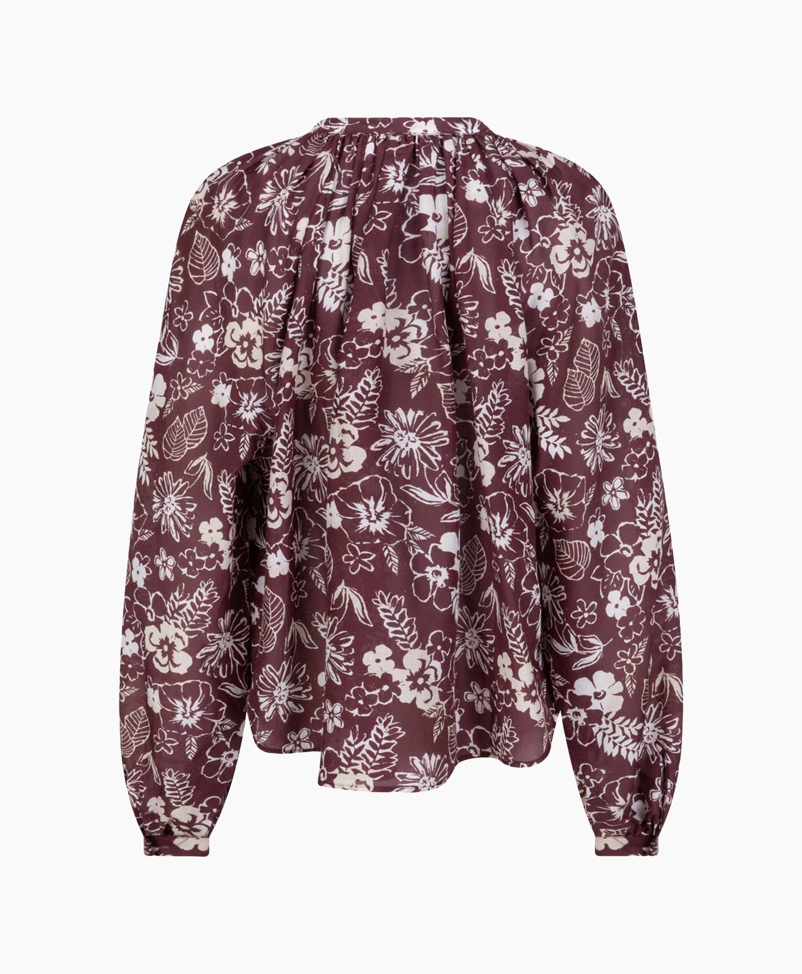 blouse, floral, lange mouwen, trossen/knoopjes, paars