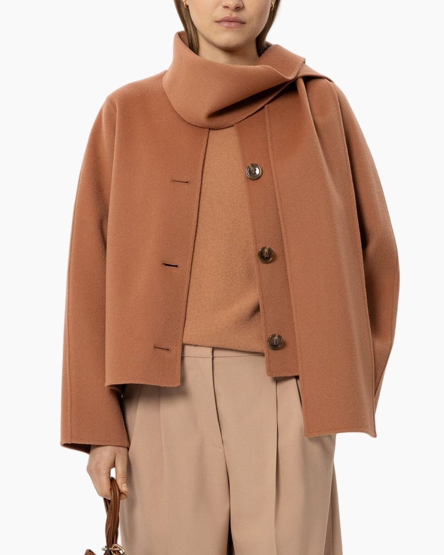 jas, camel, sjals kraag, knopen sluiting, oversized