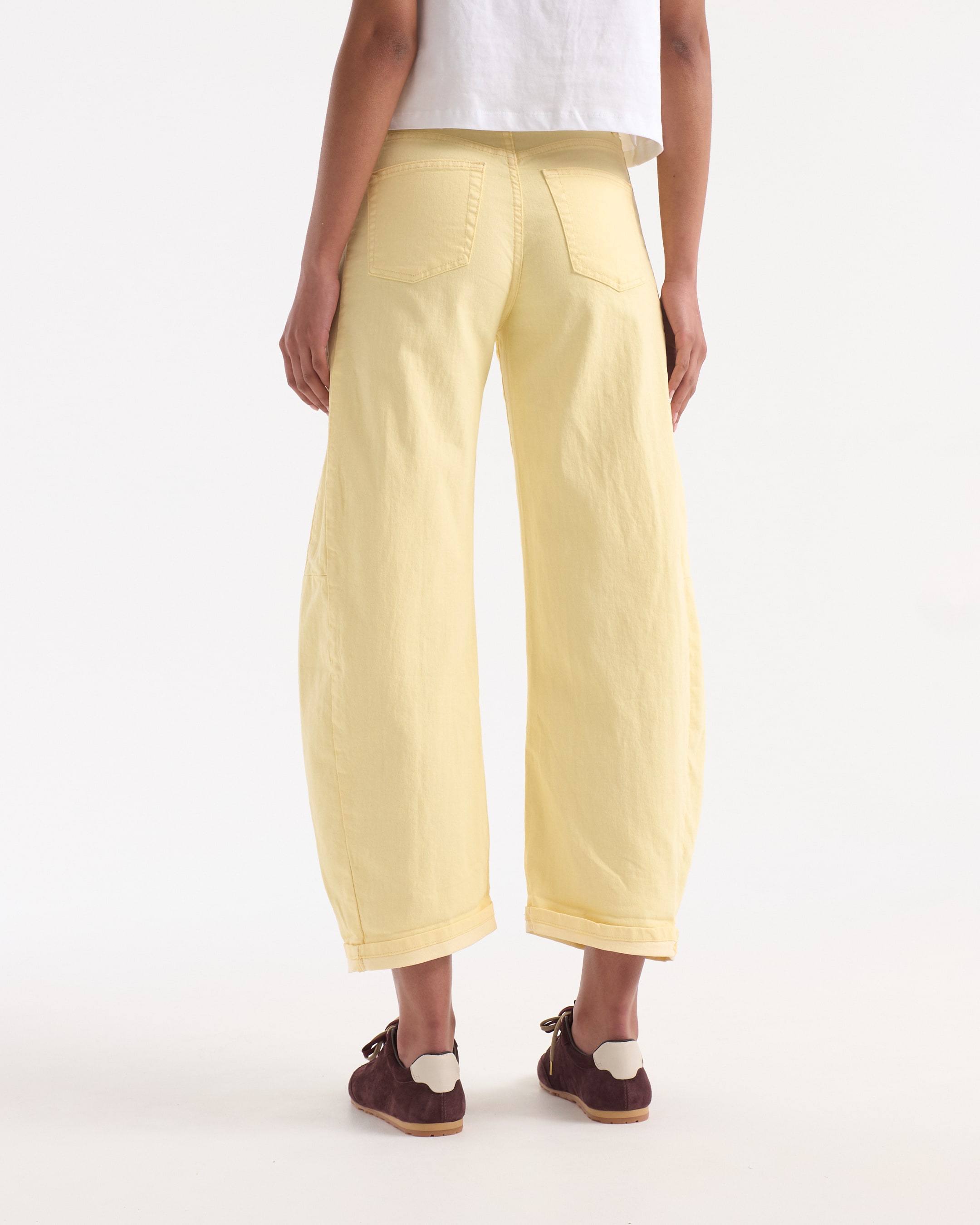 pants, yellow, wide-leg, back pockets, slightly cropped