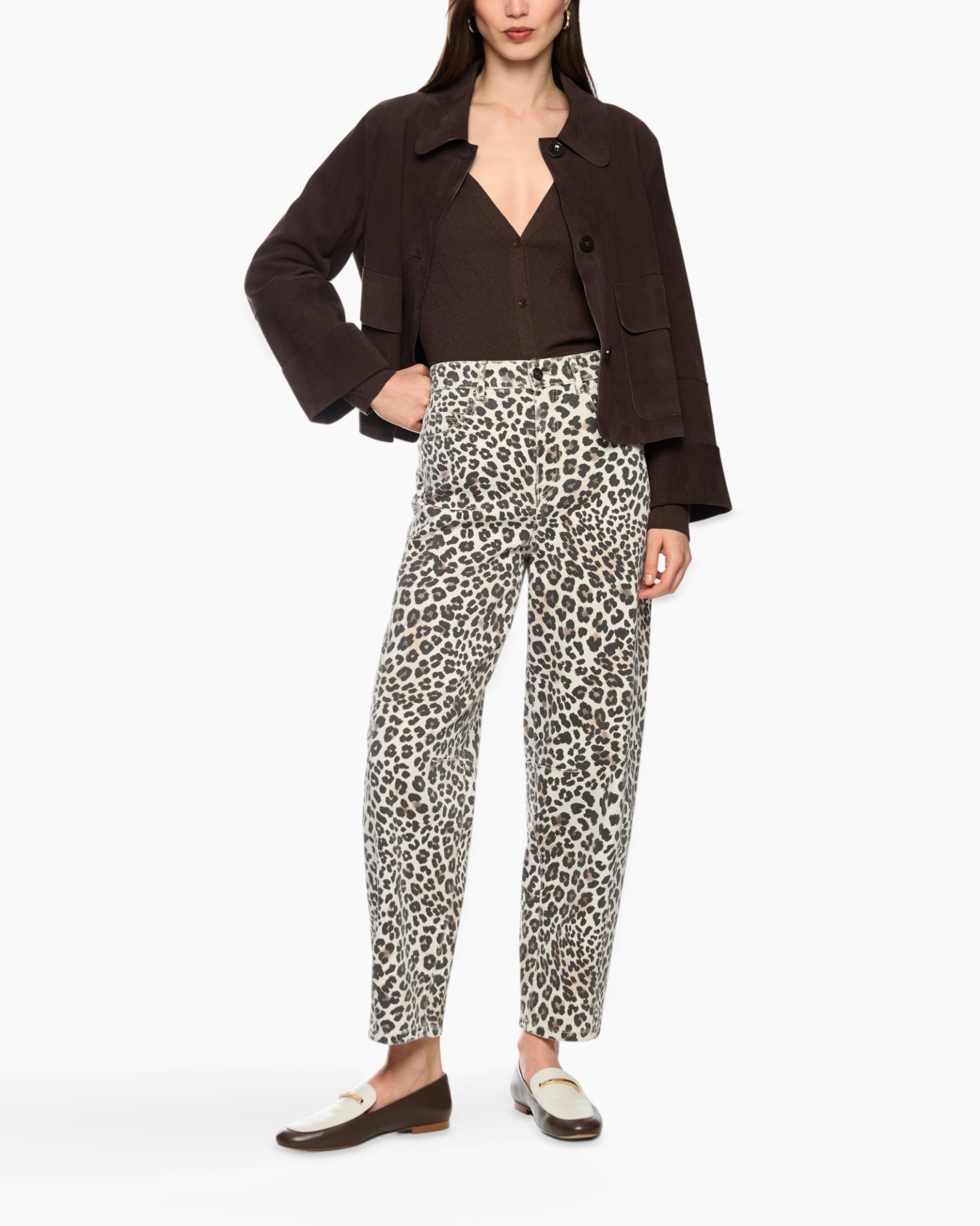 leopard print, broeken, hoge taille, slim fit, bruine jas