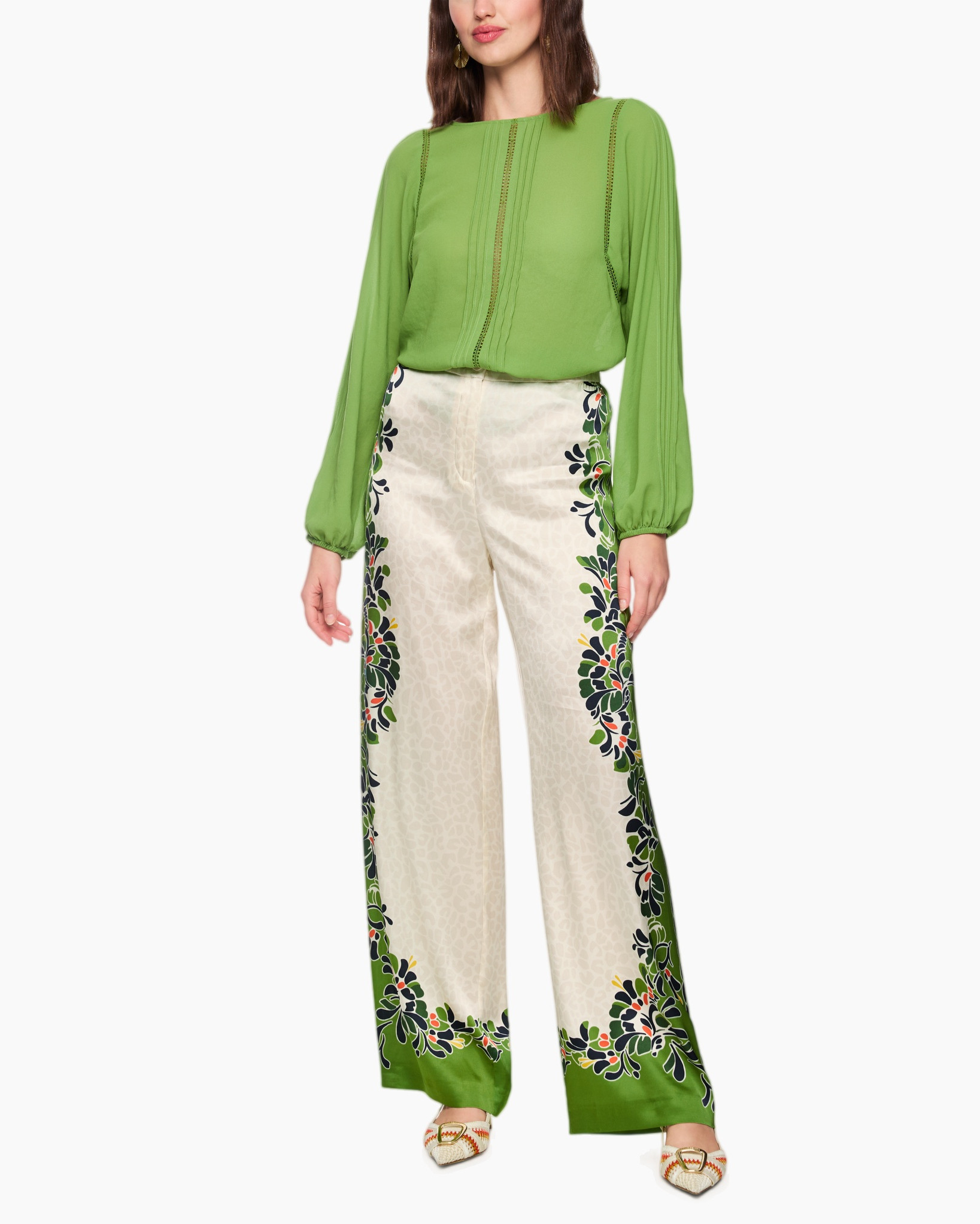 green blouse, pleated detail, long sleeve, wide-leg pants, embroidered floral side print