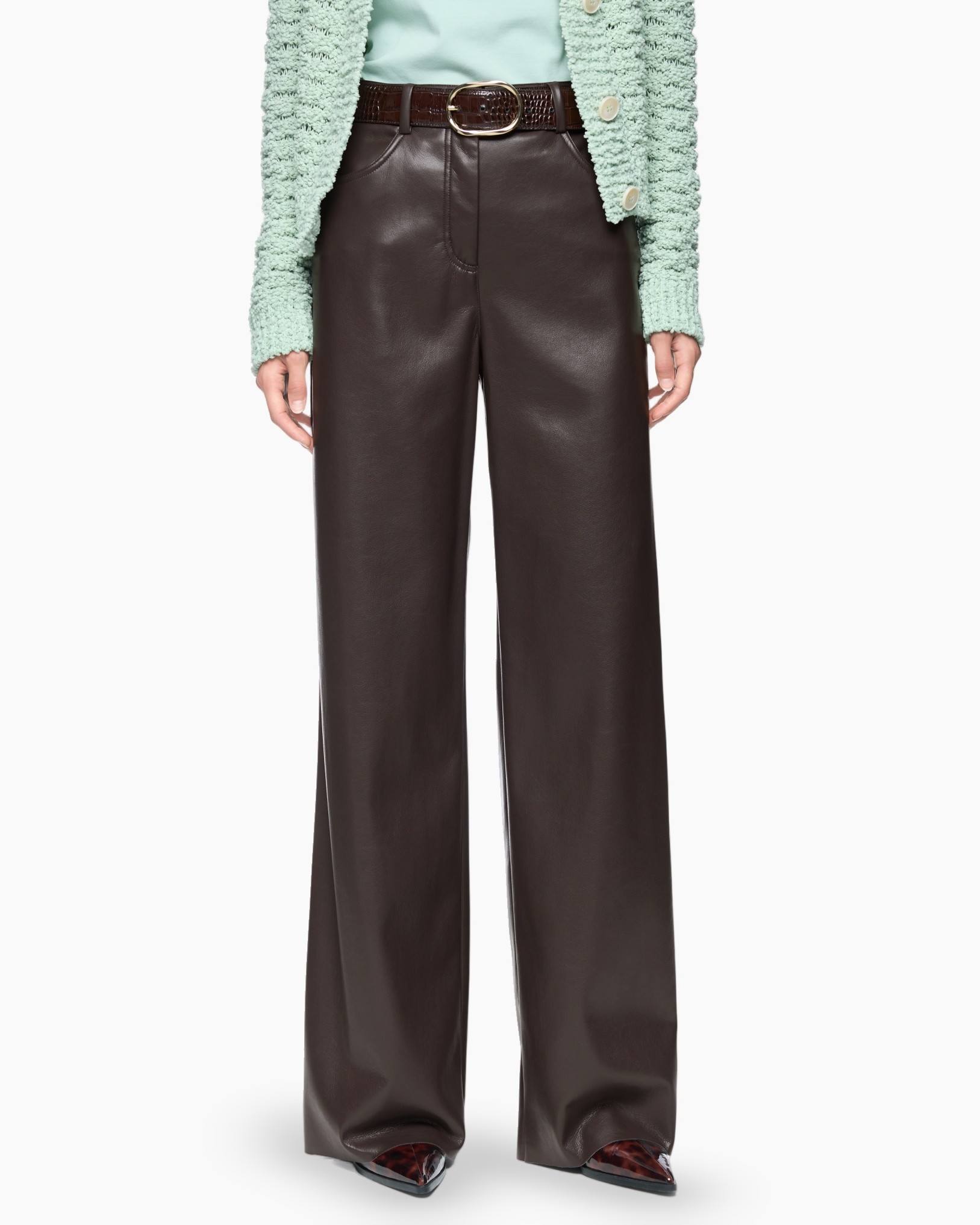 broek, wijdelijn, leerachtige, bruin, hoog taille