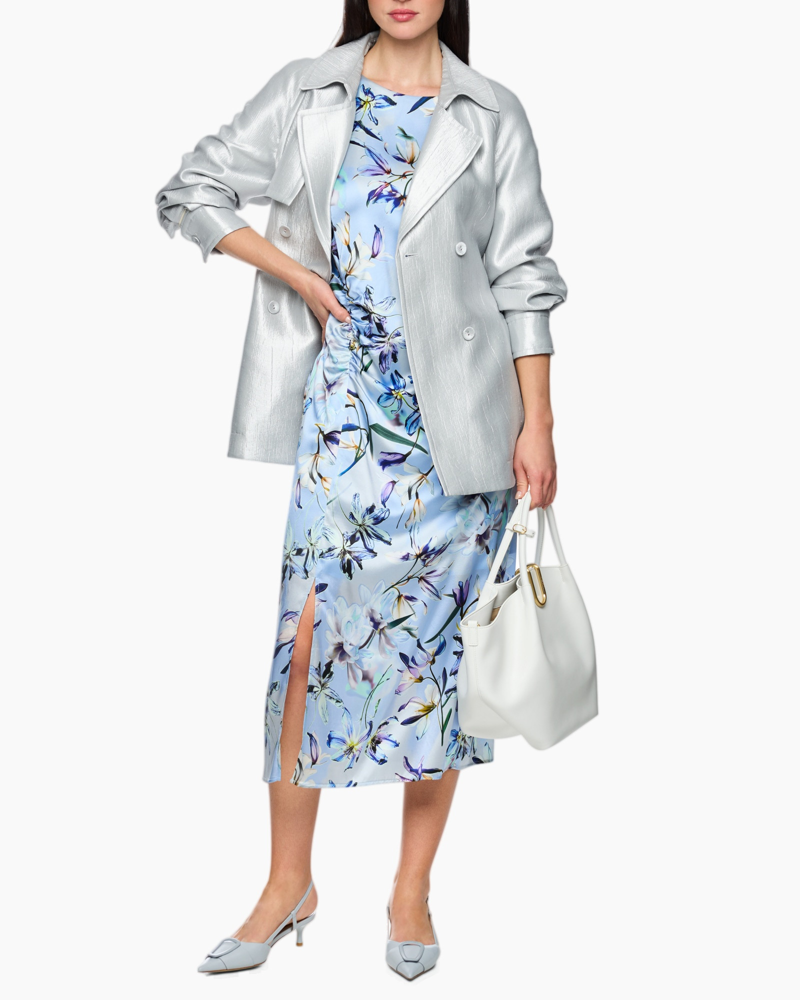 jurk, zijde, bloemen, middellang, split