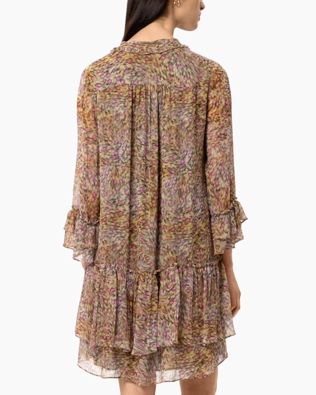 bloemenprint, doorschijnend, blouse, ronde ruches, mini-jurk