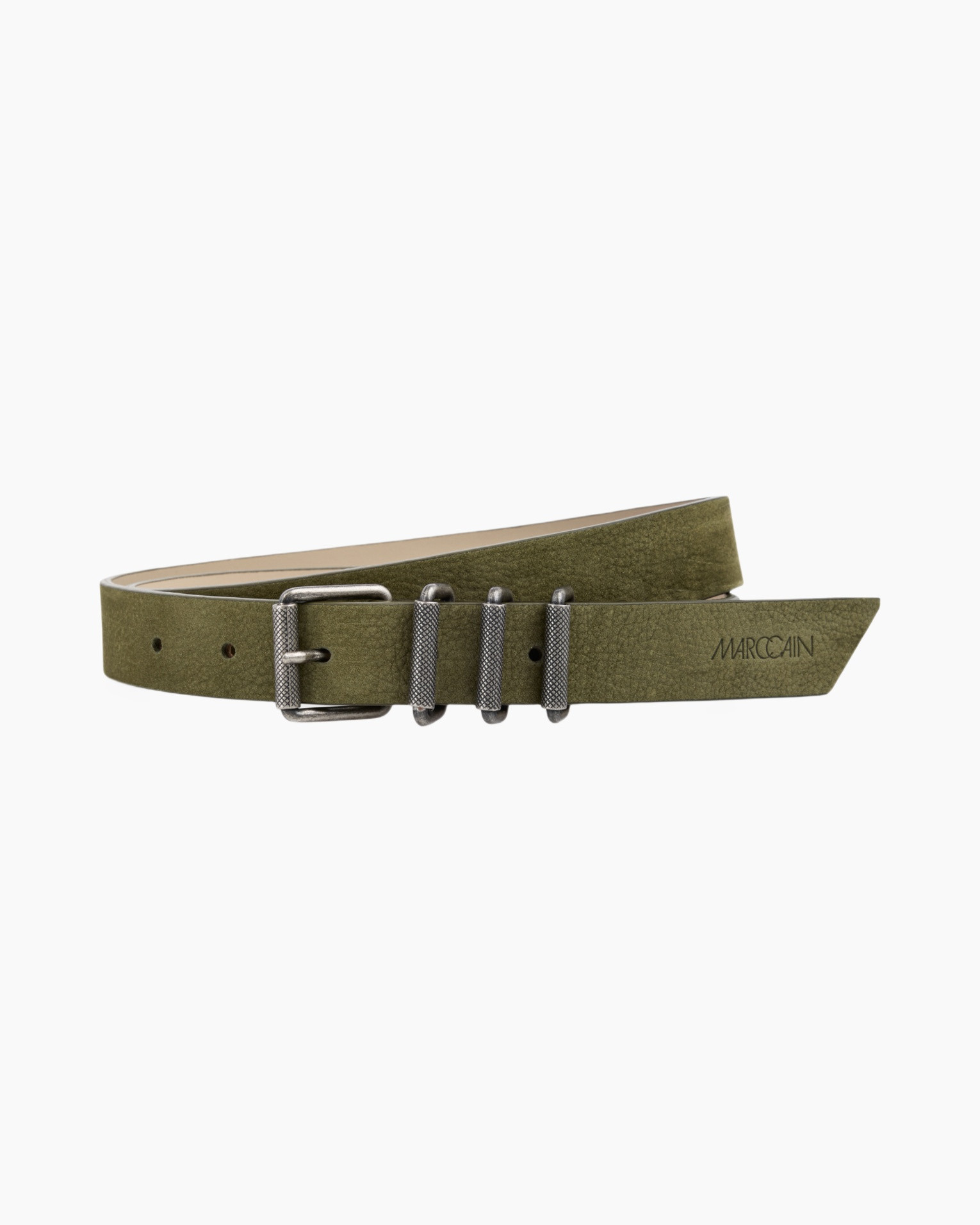 belt, olive green, leather, double prong buckle, adjustable