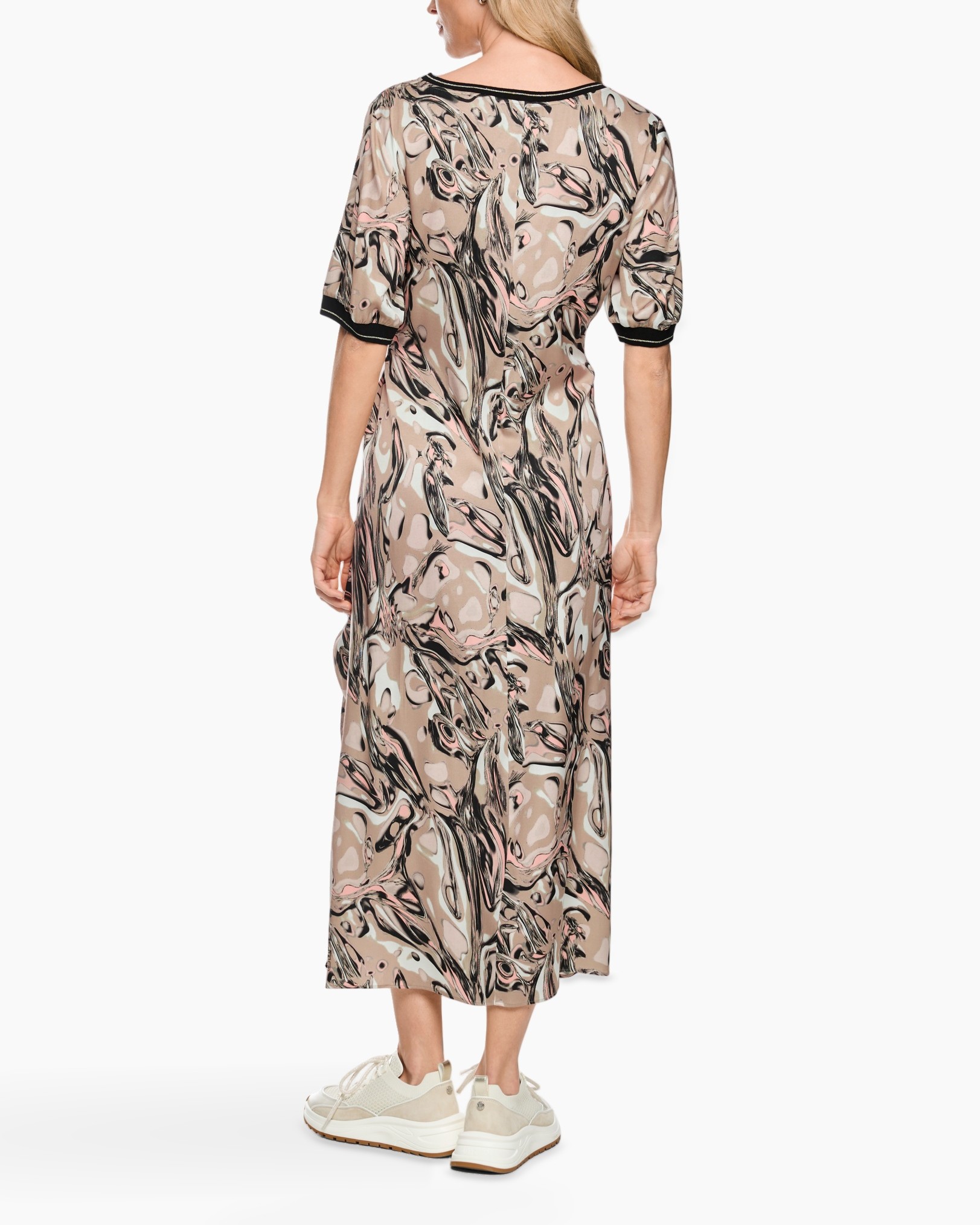 jurk, middellange jurk, abstracte print, scheur/split, korte mouwen