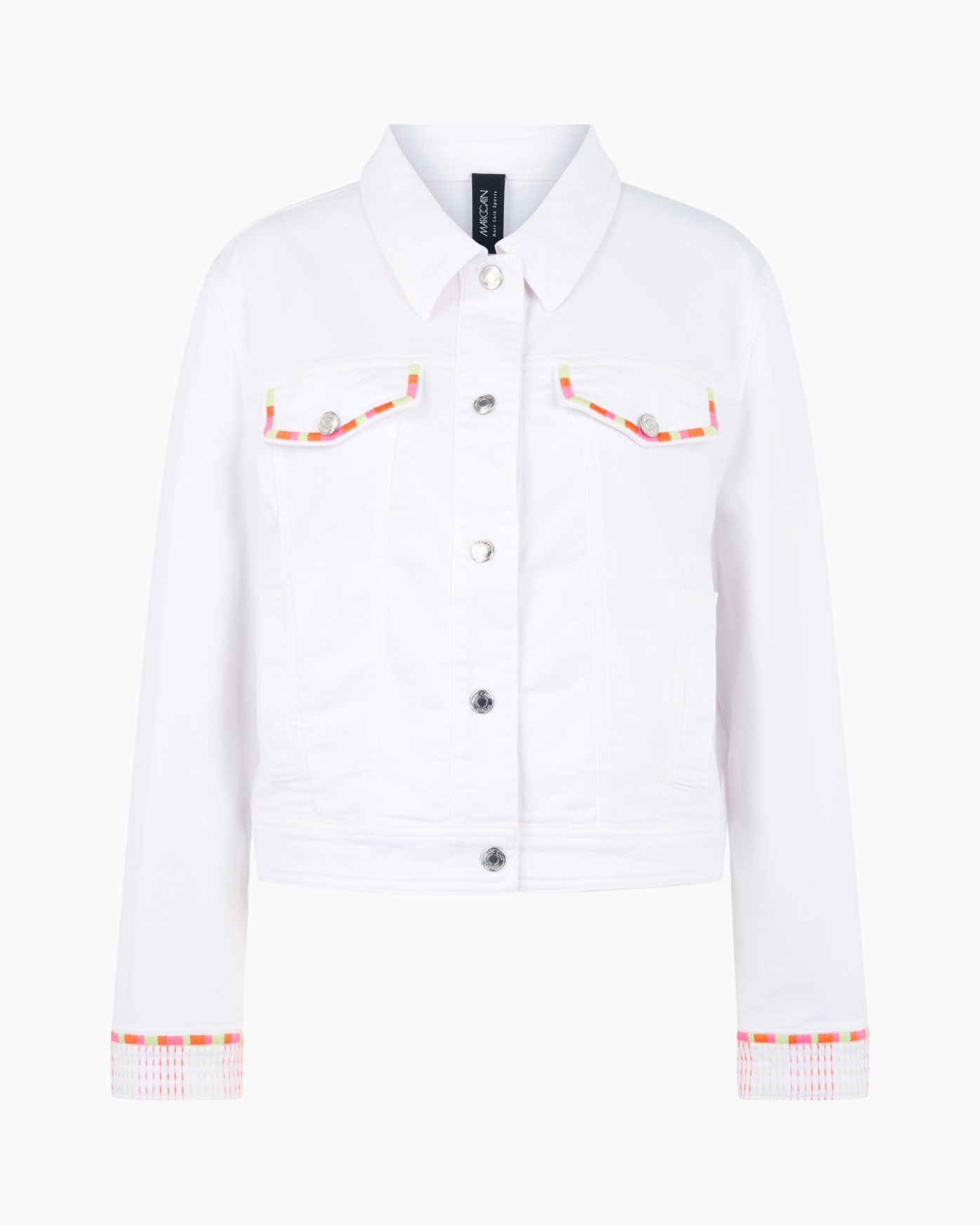 white jacket, denim jacket, long sleeves, button front, colorful trim