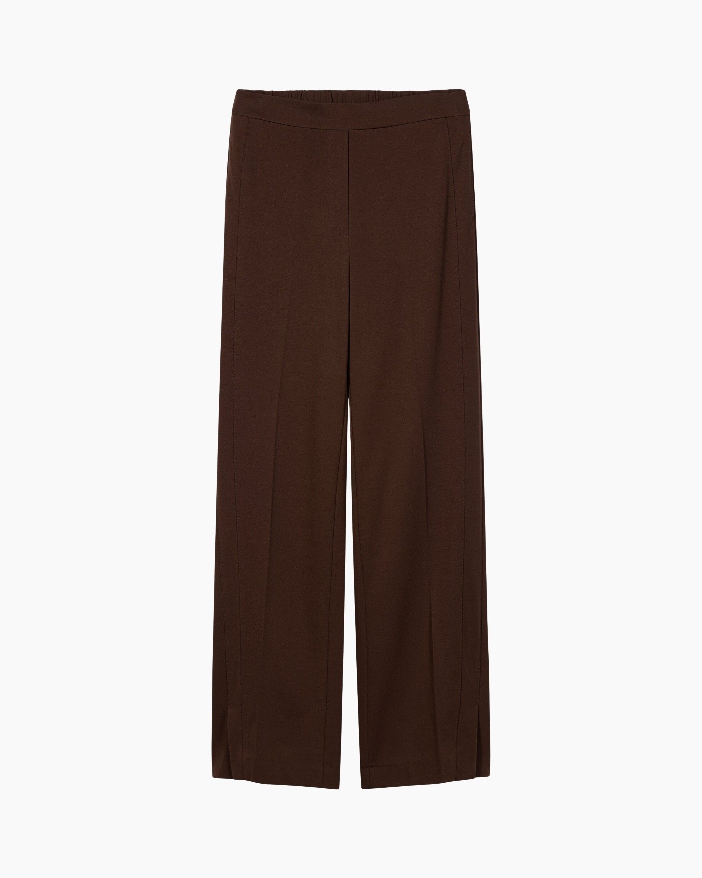 broek, bruin, wijd, voorste-plooï, elastische- taille
