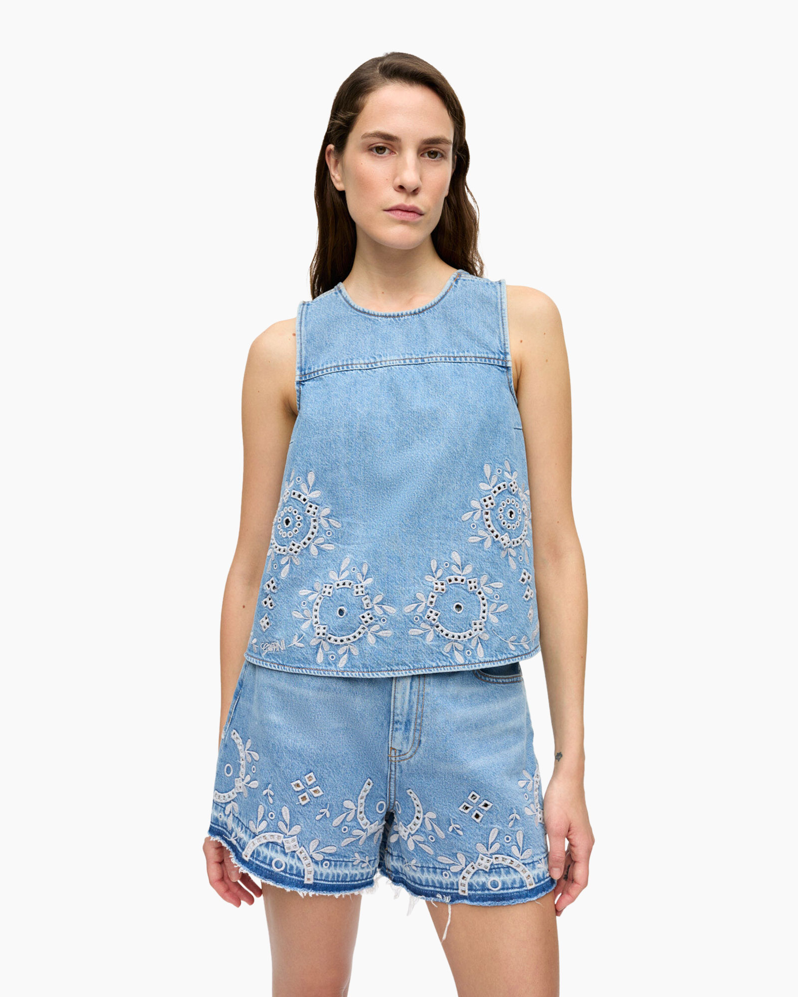 Top Broderie Anglaise Denim Licht Blauw
