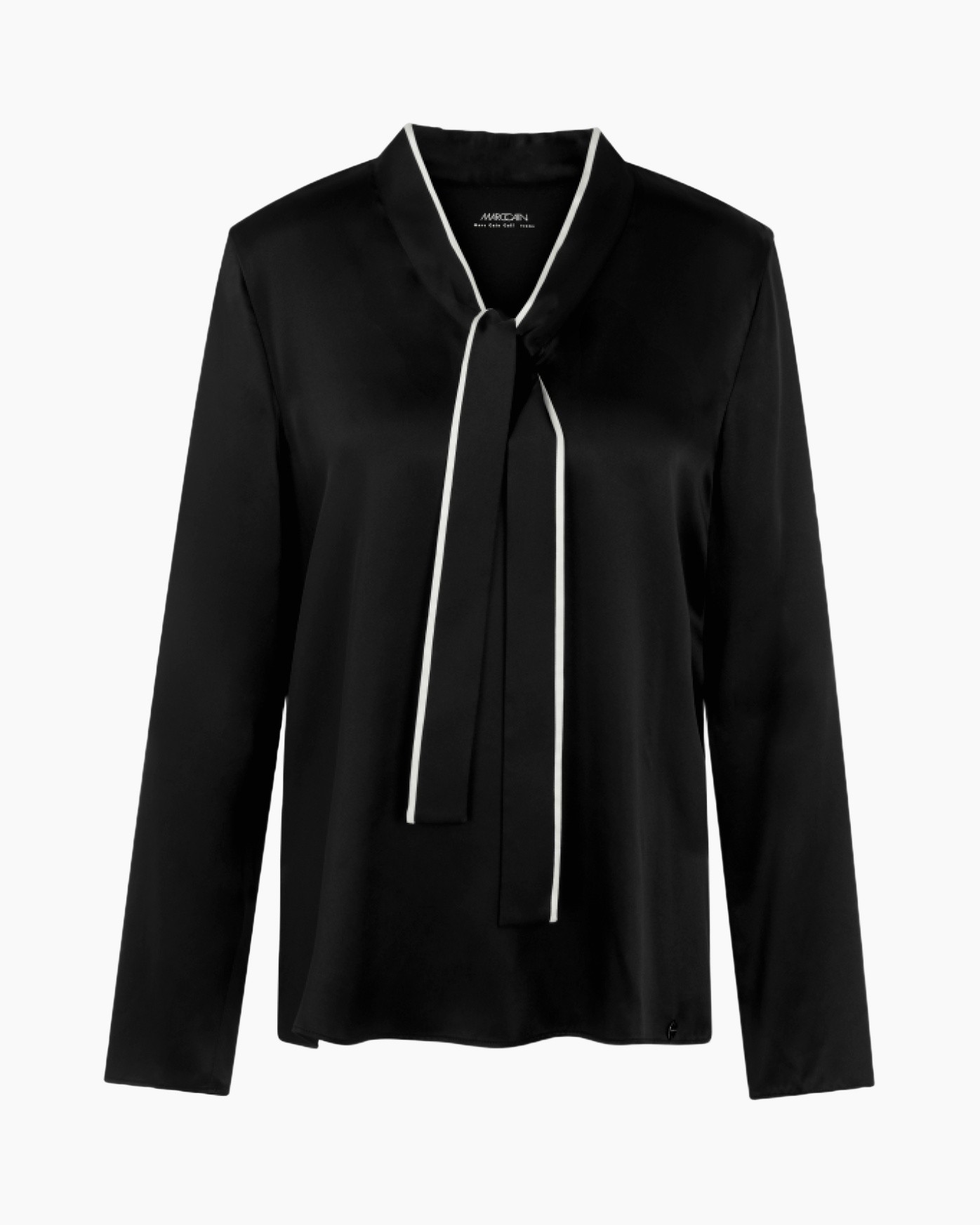 blouse, zwart, lange mouwen, knoopsluiting nek,  zijde-achtig look