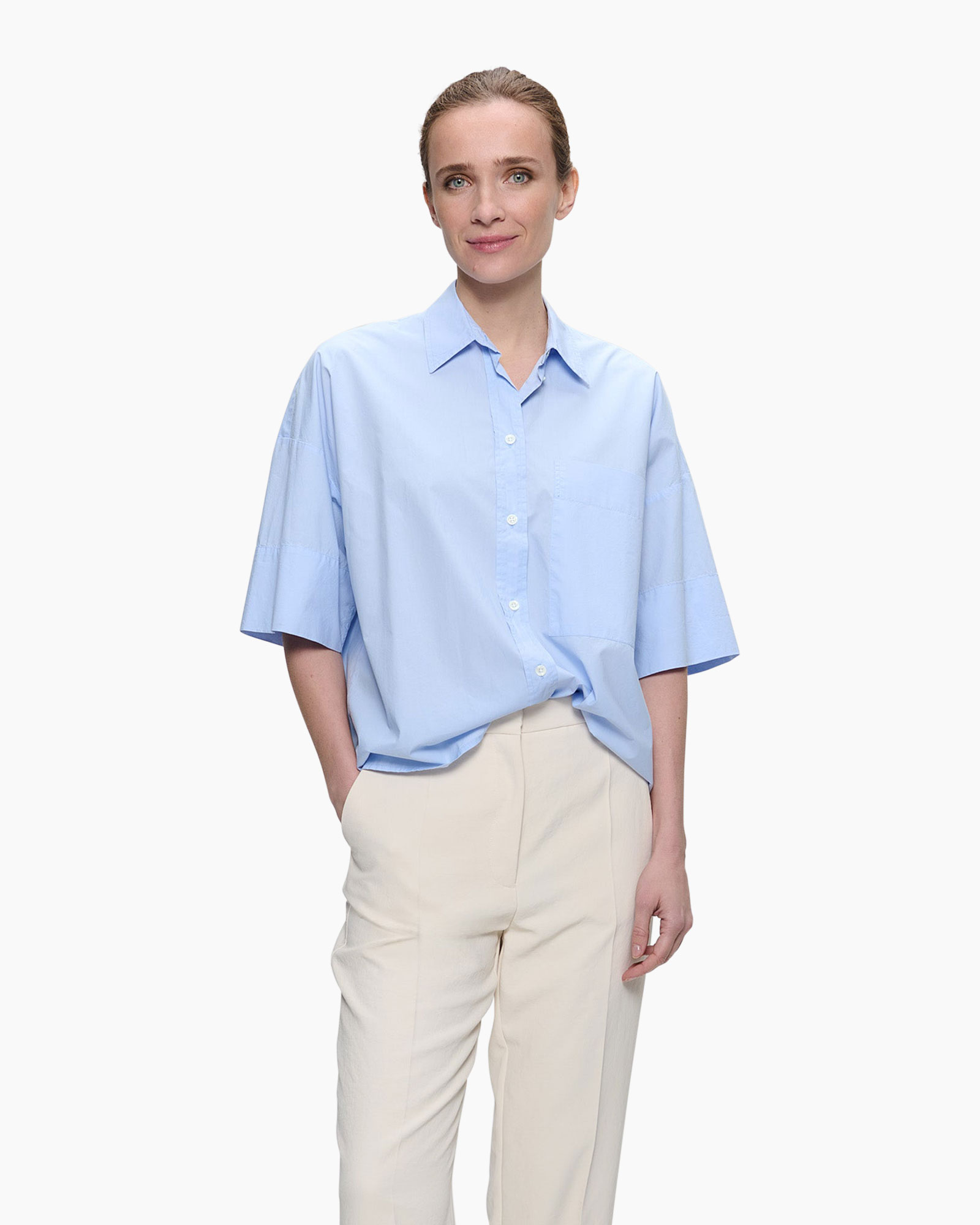 Blouse Paper Cotton Boxy Licht Blauw