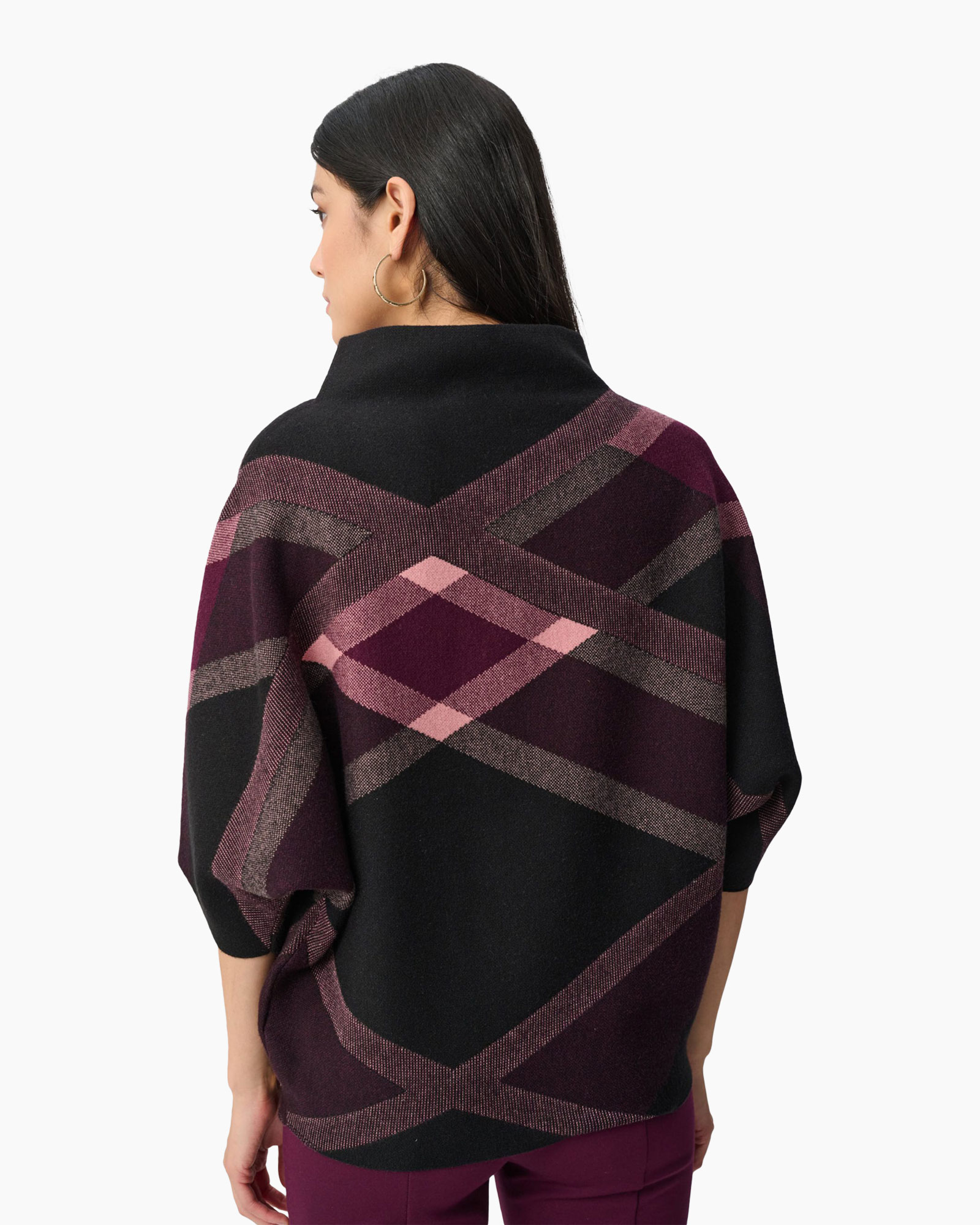 poncho, geometrisch patroon, ruit, paars, korte mouwen