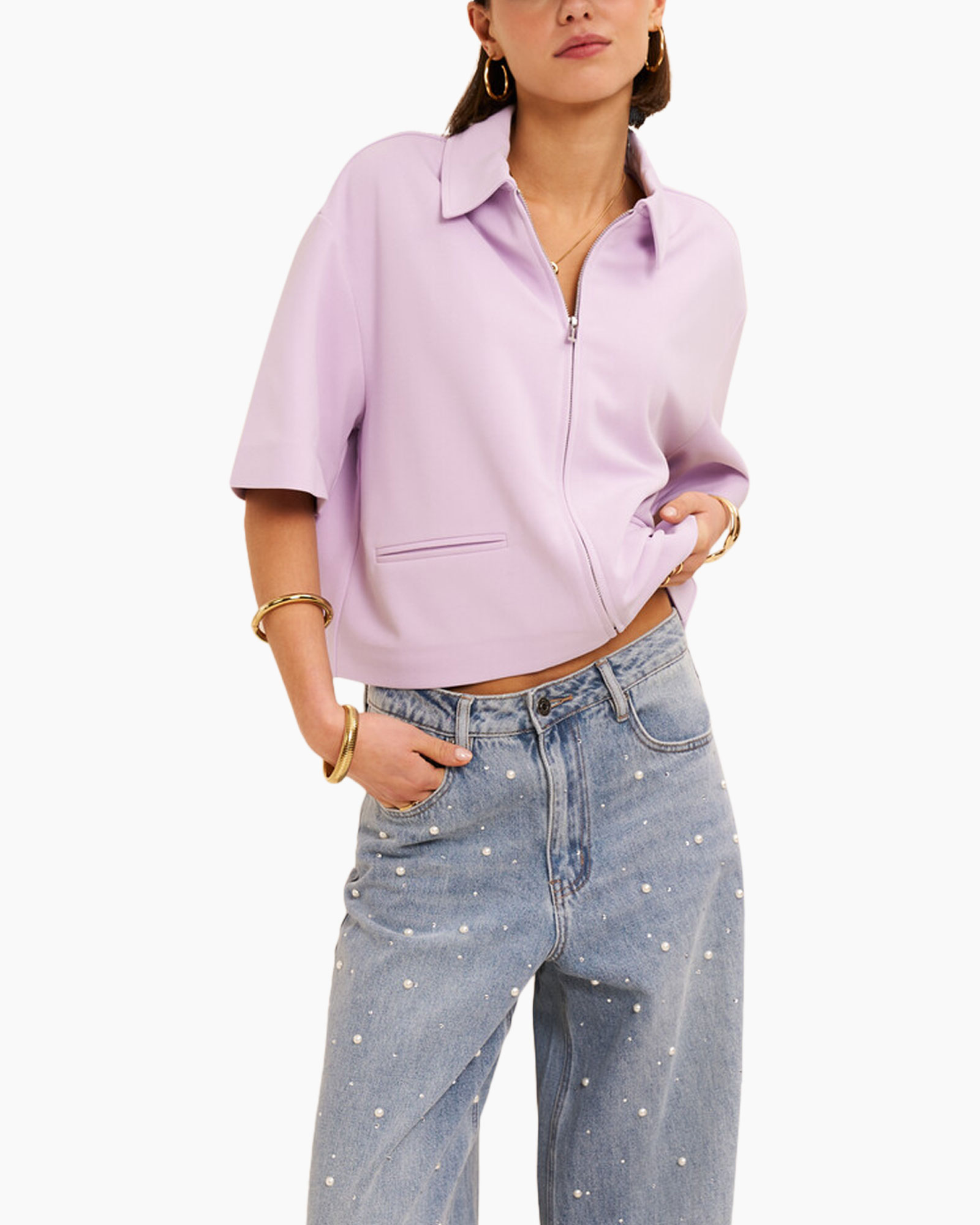 lilac top, zippered jacket, collared blouse, short sleeves, pearl-embellished jeans