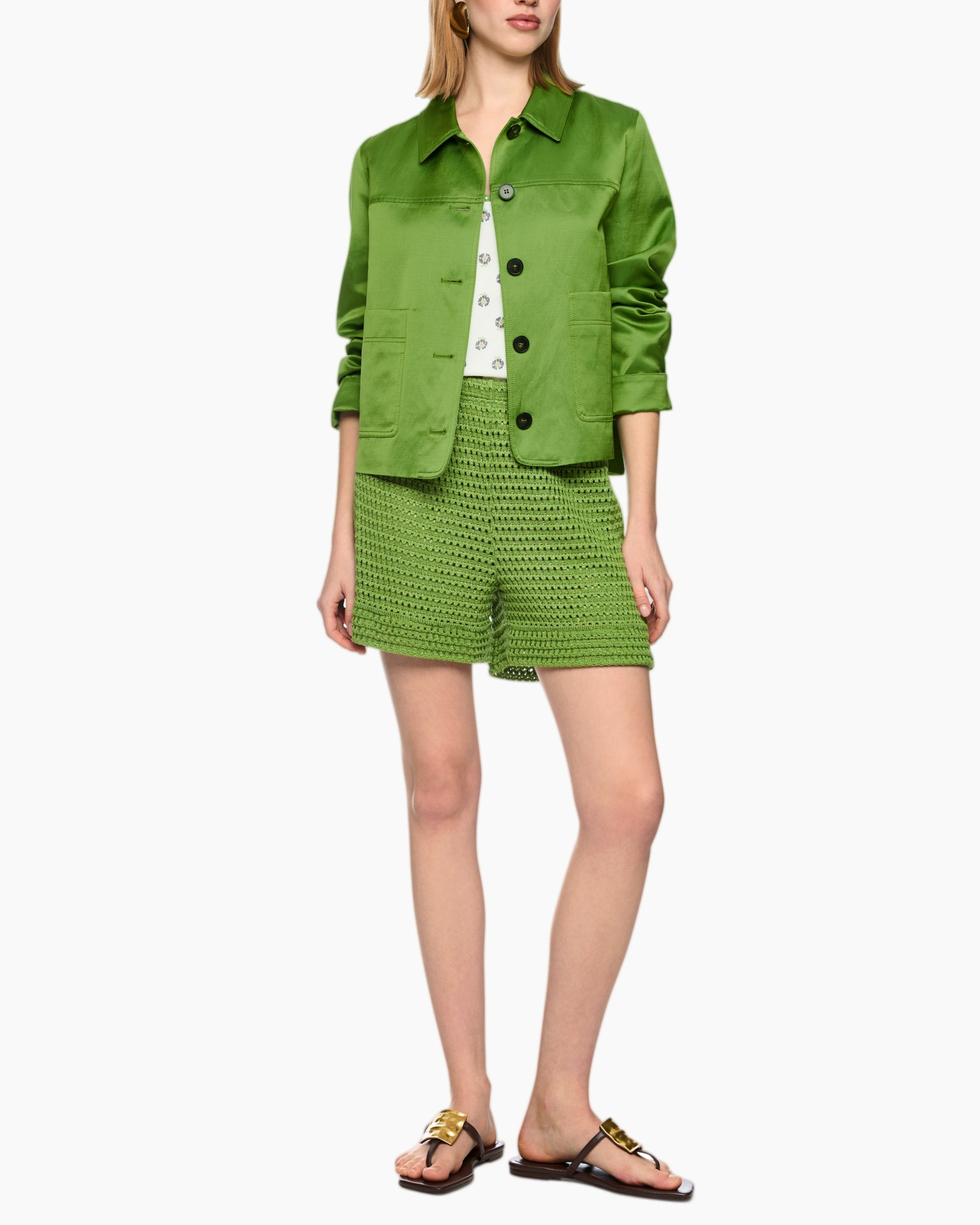 green jacket, shorts set, textured shorts, open sandals, casual outfit