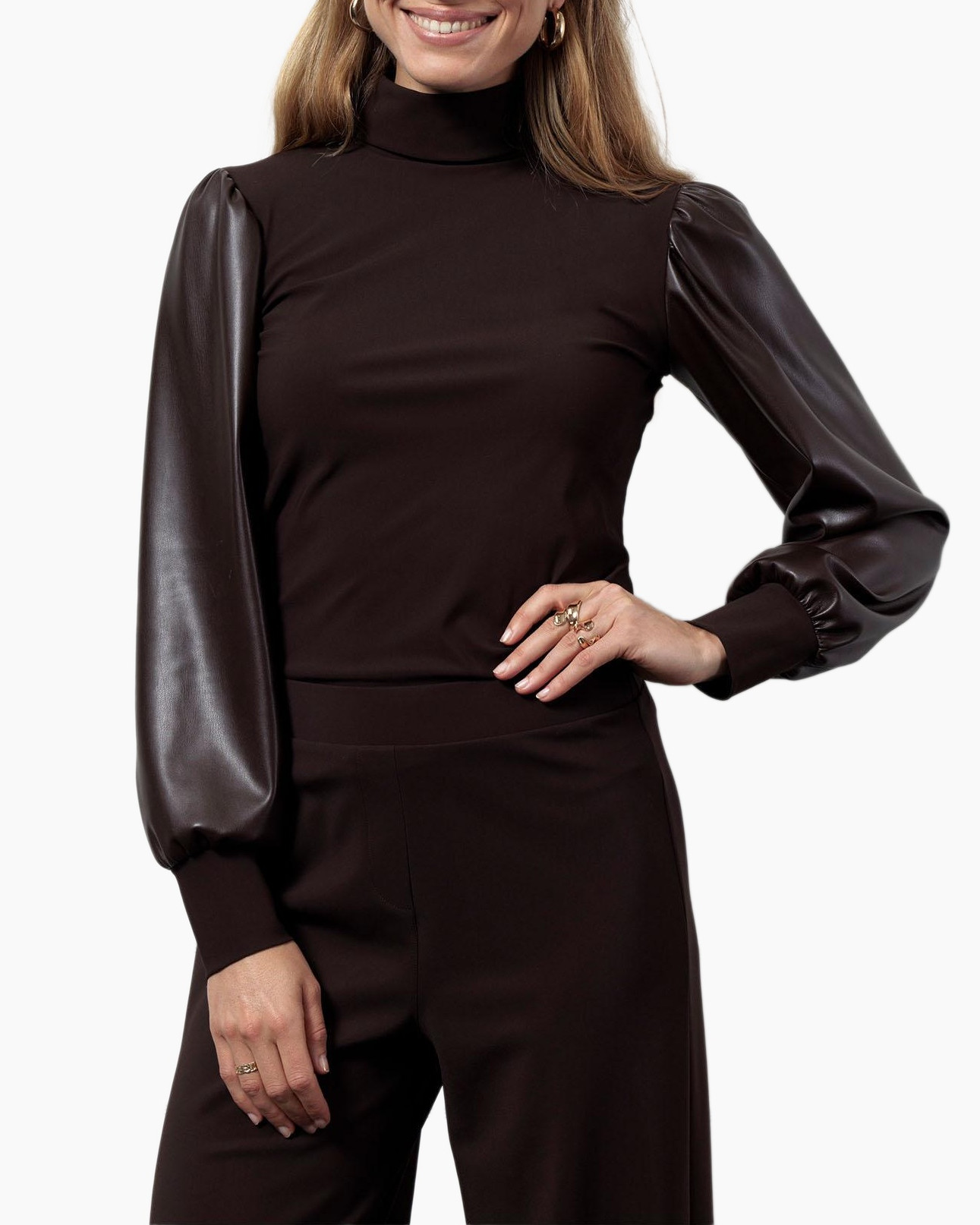 Top Noortje Faux Leather Top Donker Bruin