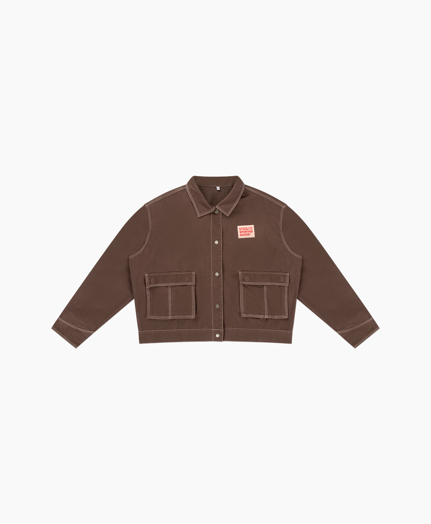 jacket, brown, long sleeves, snap buttons, patch pockets