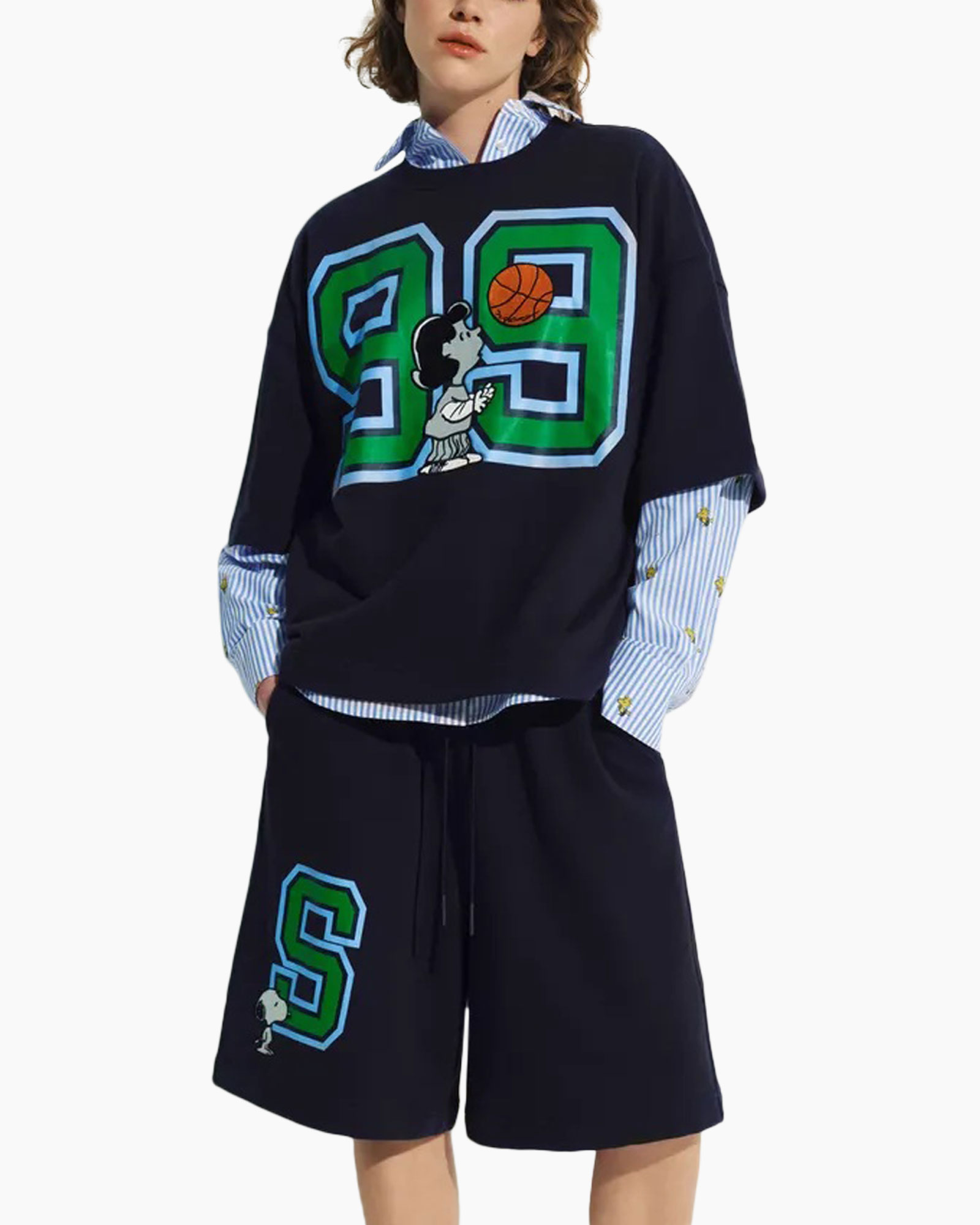 sweatshirt, graphic, basketball, shorts, S Snoopy, navy blue, layered look, unisex
