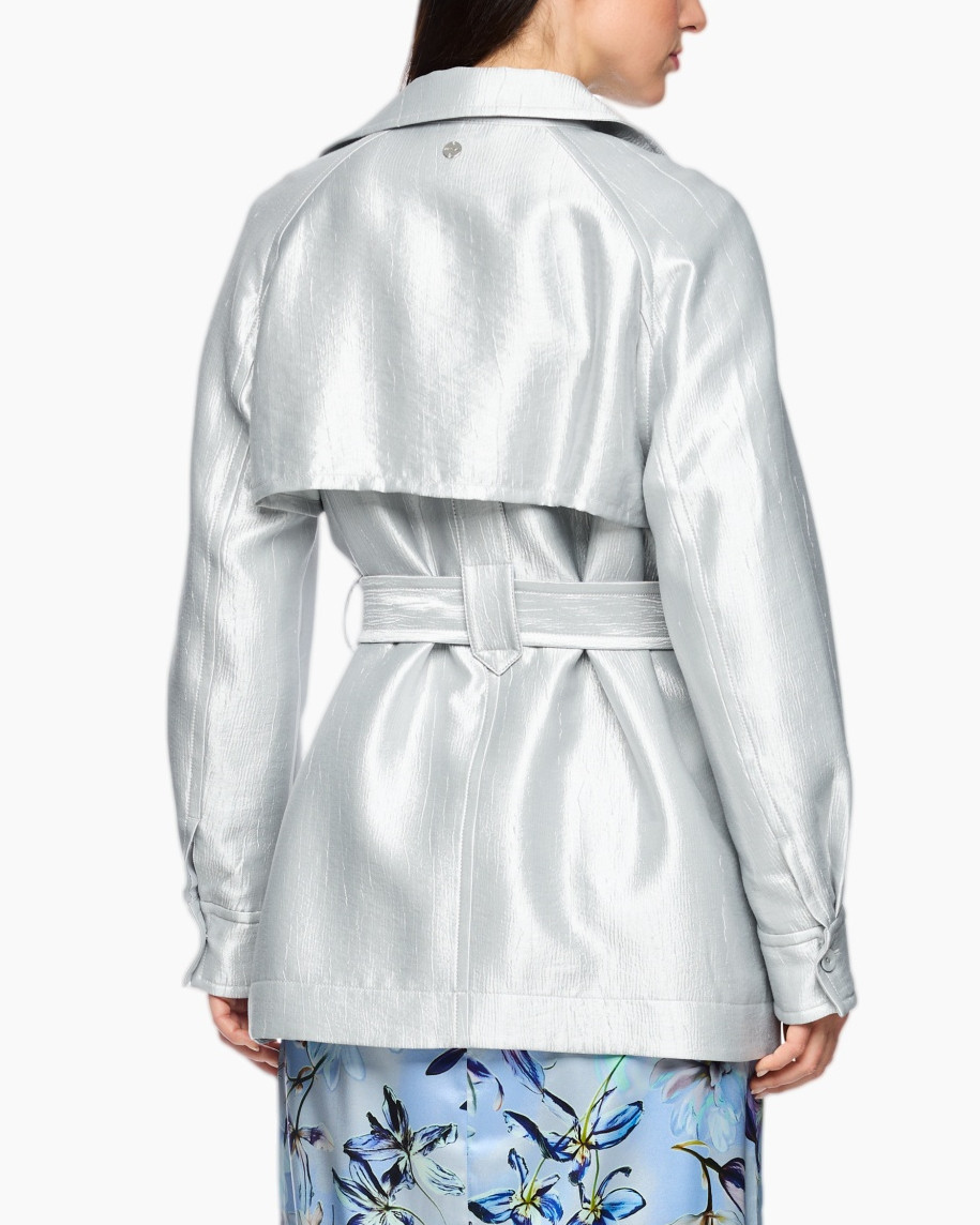 trench coat, belted, silver, long sleeves, collar
