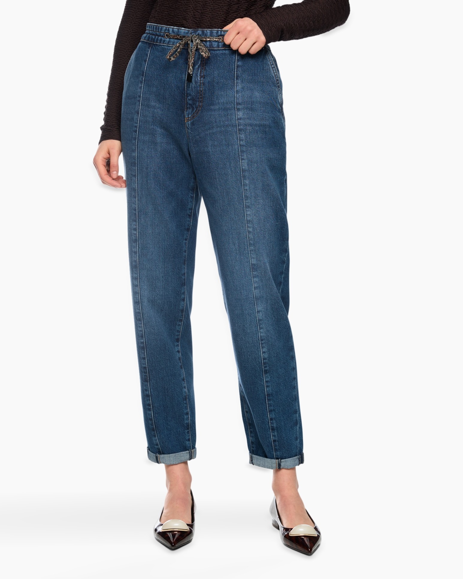 broek, denim, brede taille, rechte pijp, omgeslagen zoom