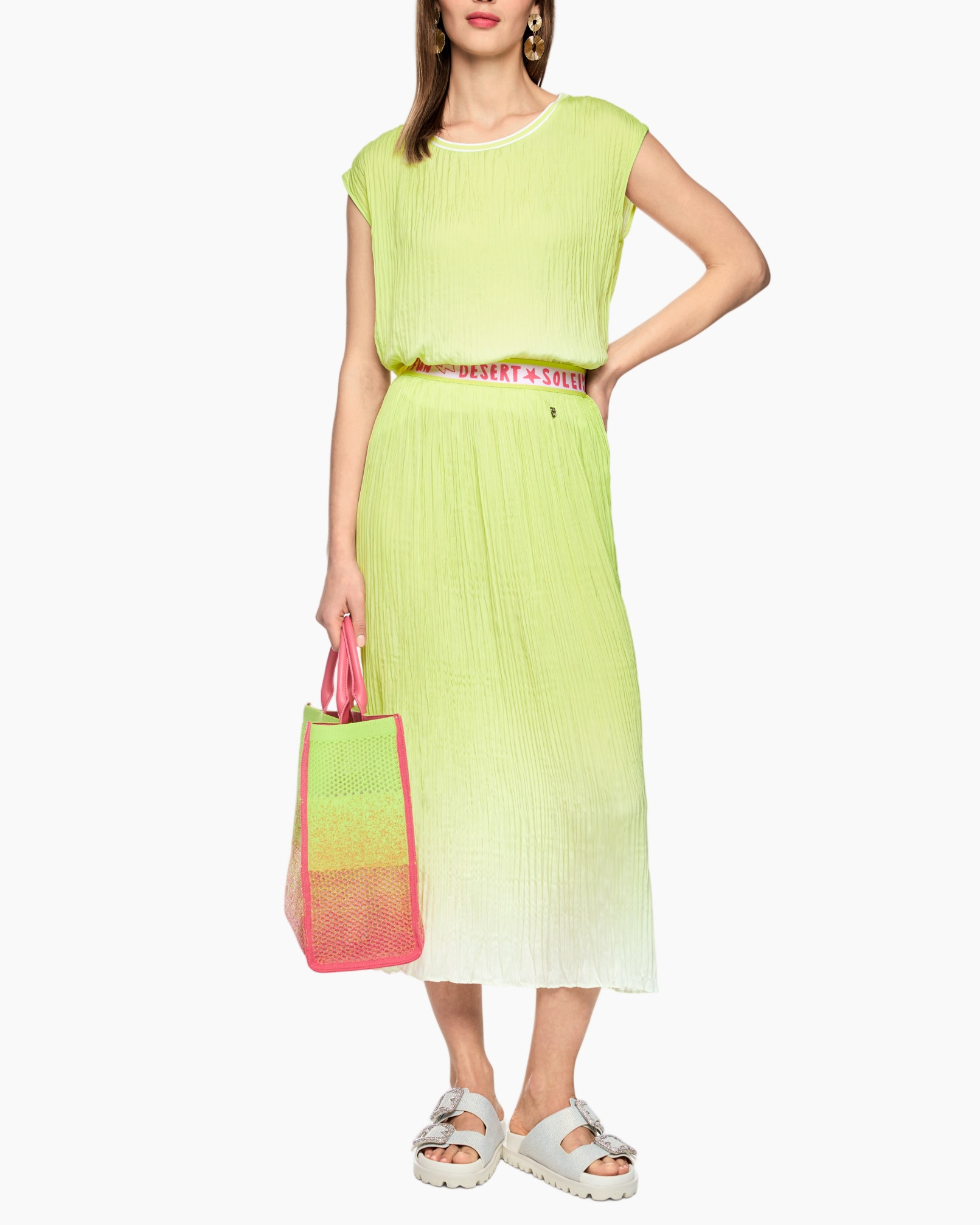 jurk, maxi, plissé, neon, limegroen