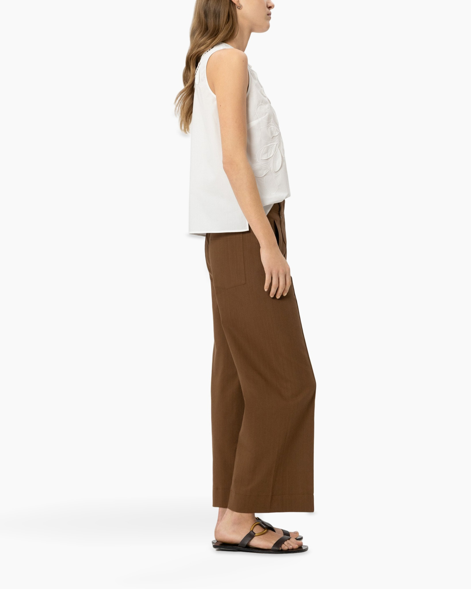 white sleeveless top, embroidery detail, cotton top, white blouse, side view