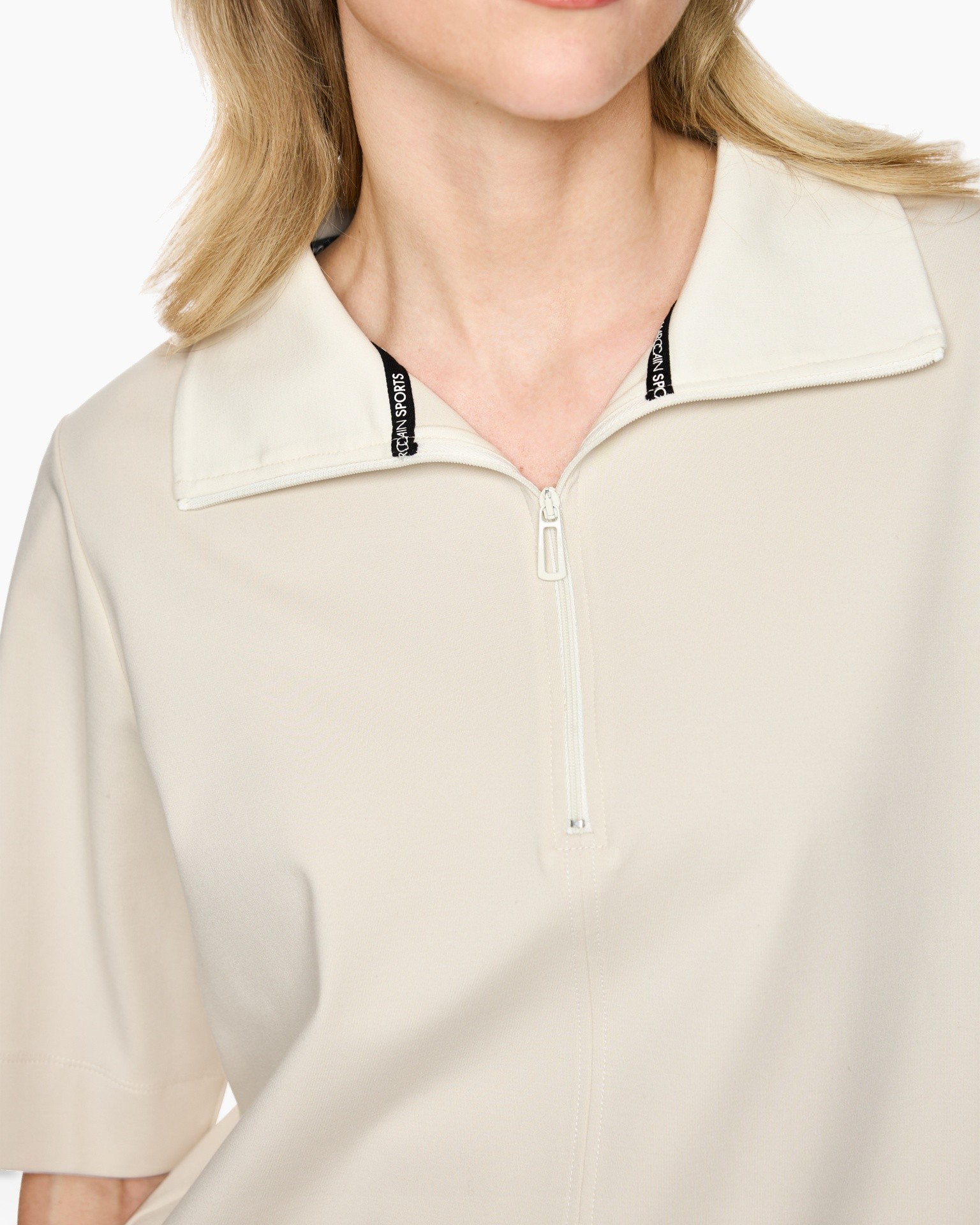 rits, kraag, korte-rits, beige, top