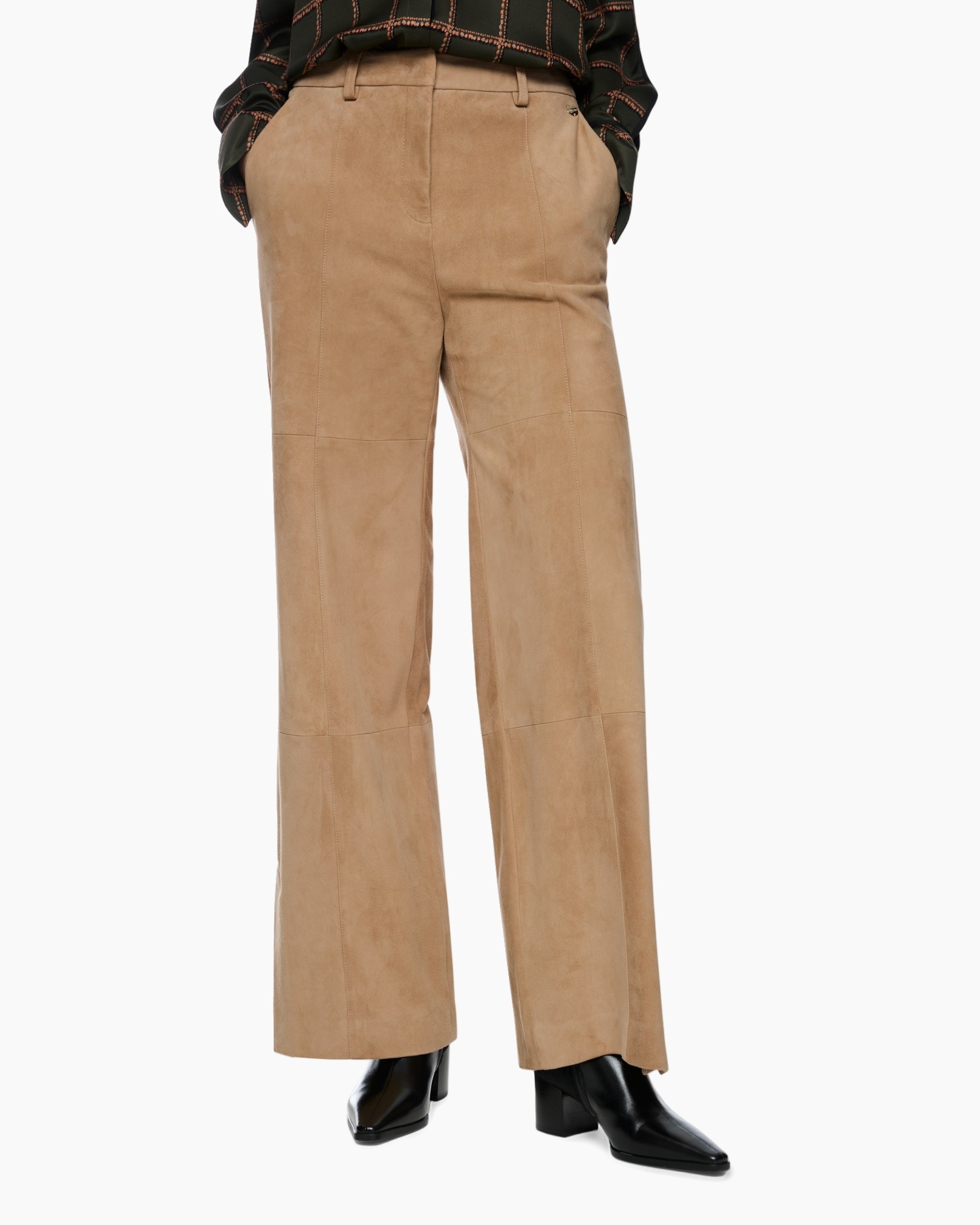 broek, wijdte-breed, camel, suede, hoog-taille