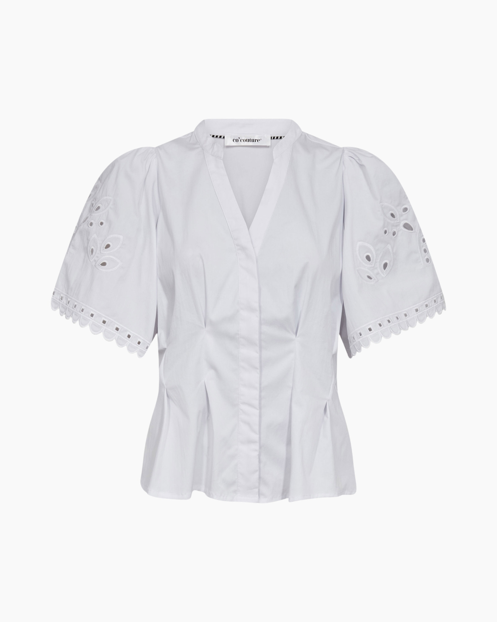 witte blouse, korte mouwen, eyelet details, v-hals, peplum silhouet