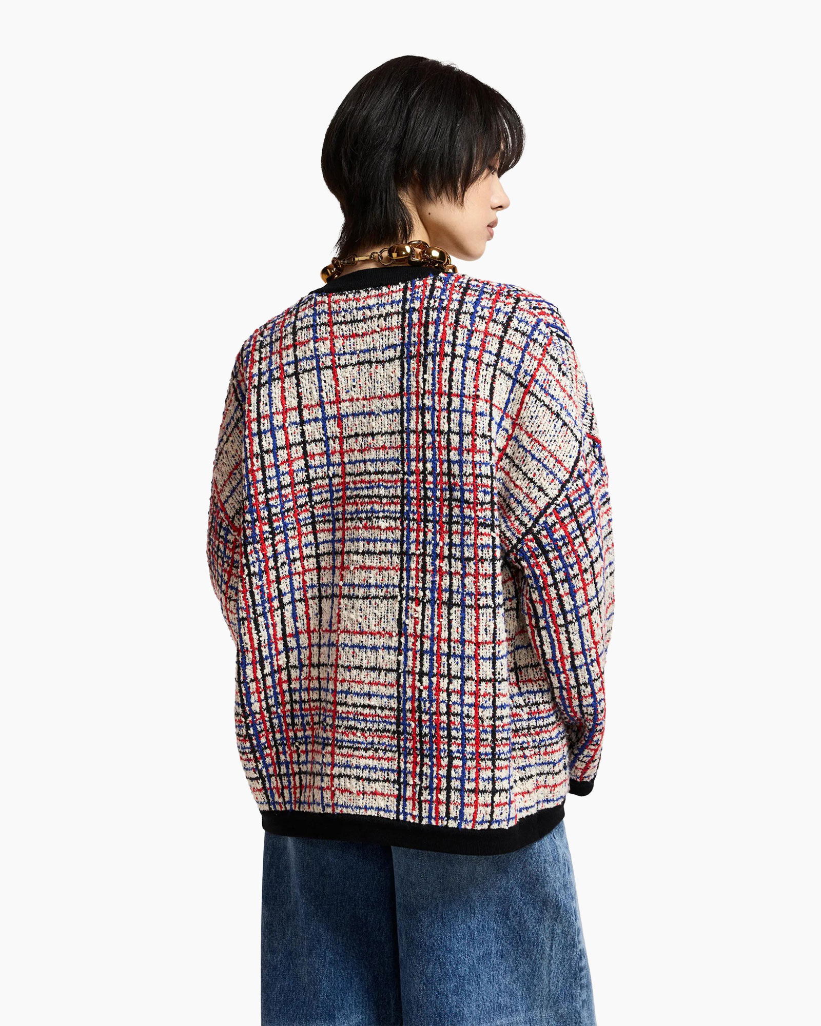tweed jas, ruitpatroon, gebreide textuur, kraagloze hals, donkere zoom