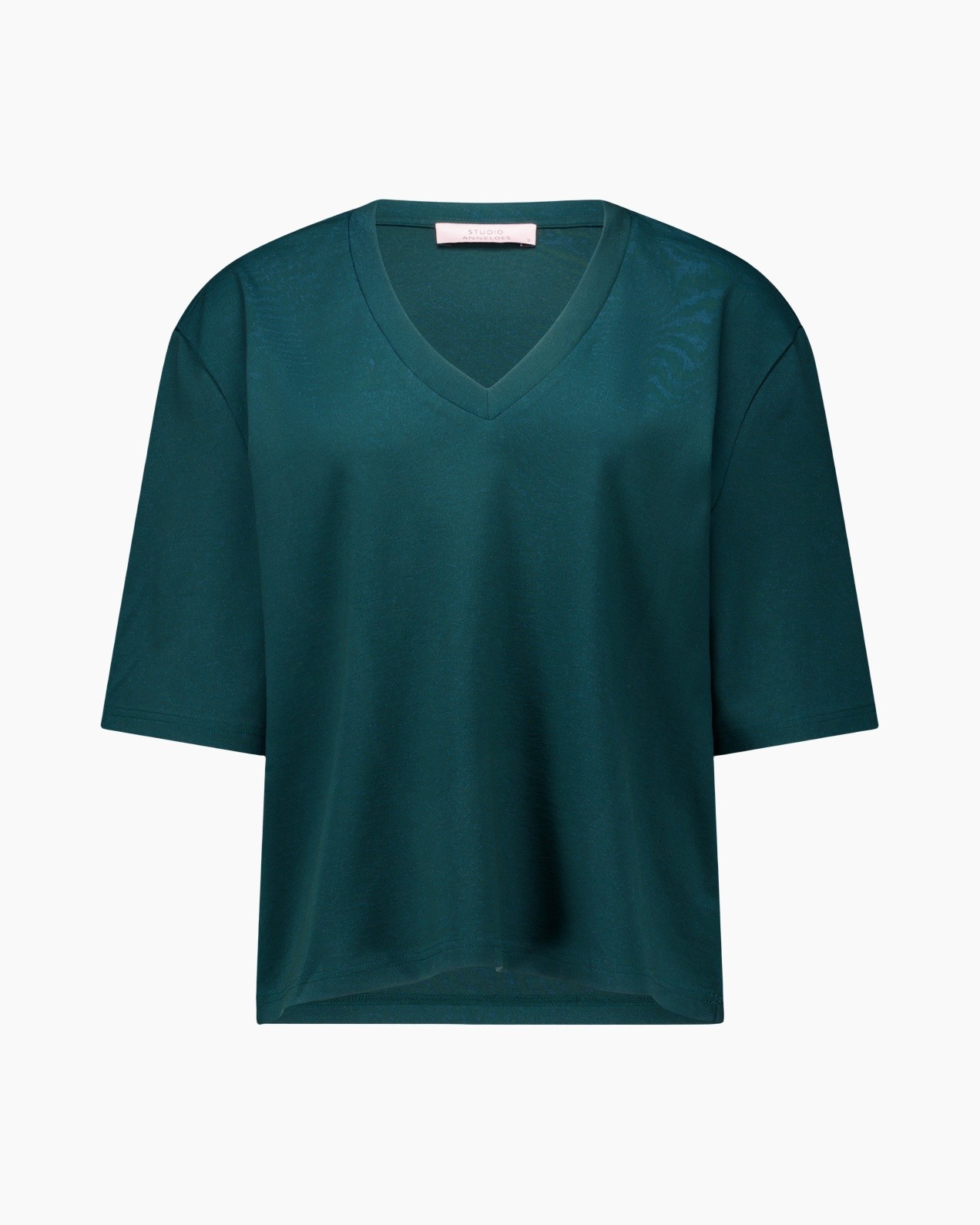 t-shirt, v-hals, groenblauw, korte mouw, effen
