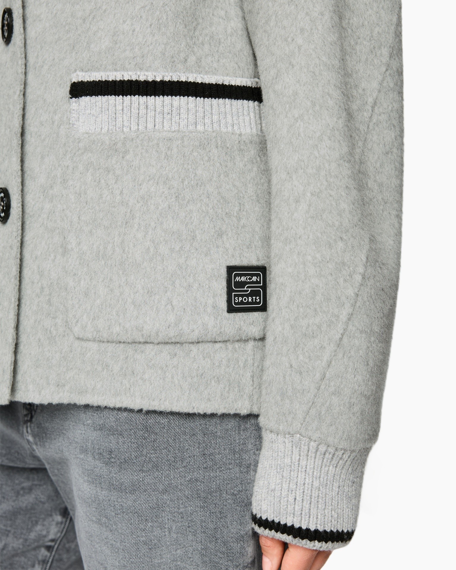 cardigan, grijs, brei, zak, merkhleding label