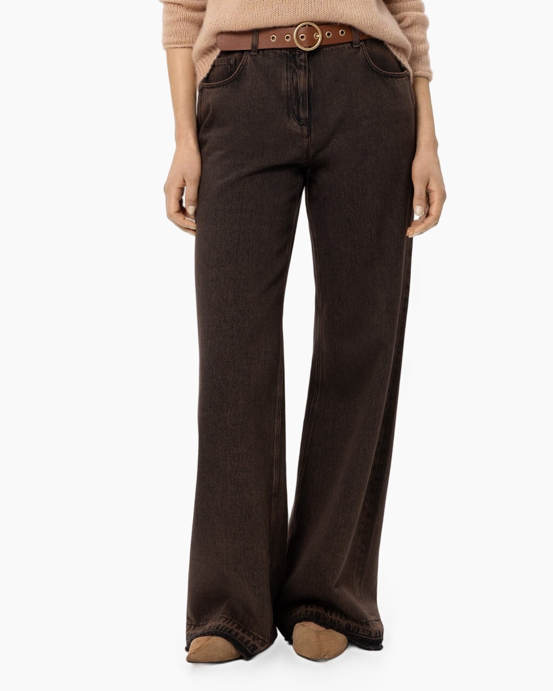 broek, wijdelige, bruin, denim, riempje