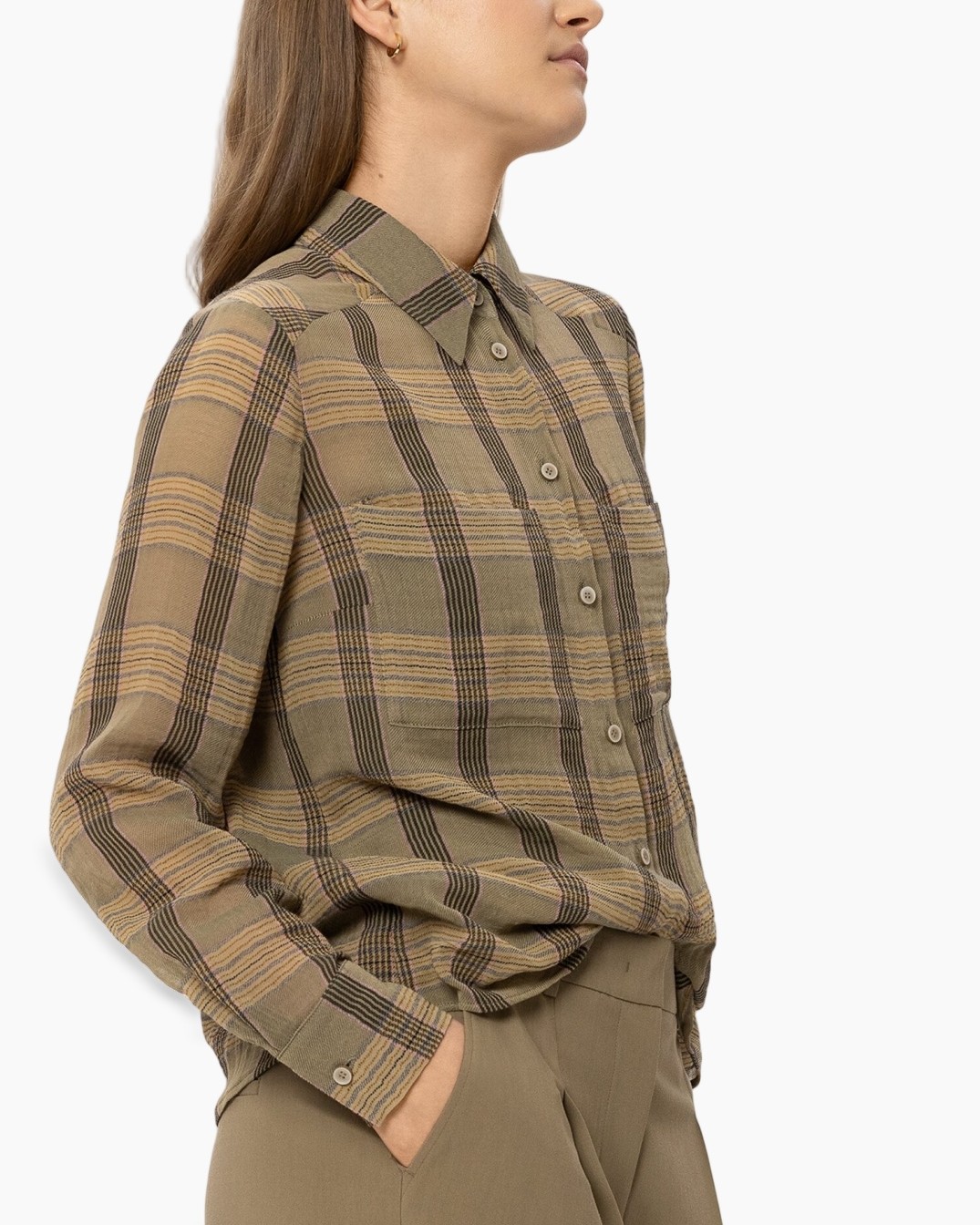 tartan, hemd, knopenhemd, lange mouwen, khaki