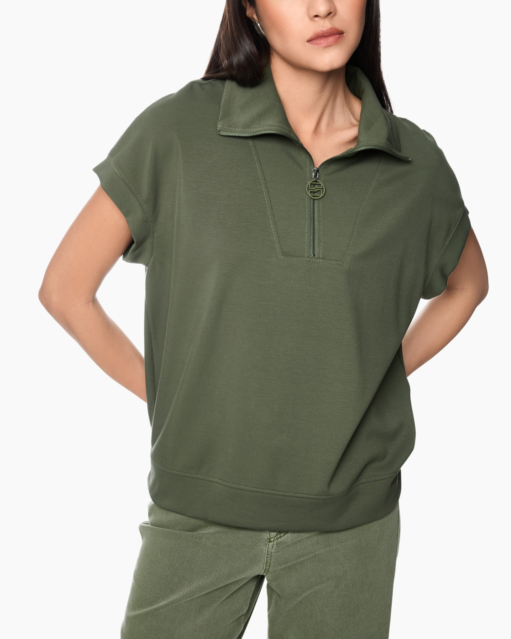 pullover, short-sleeve, green, collar, zipper